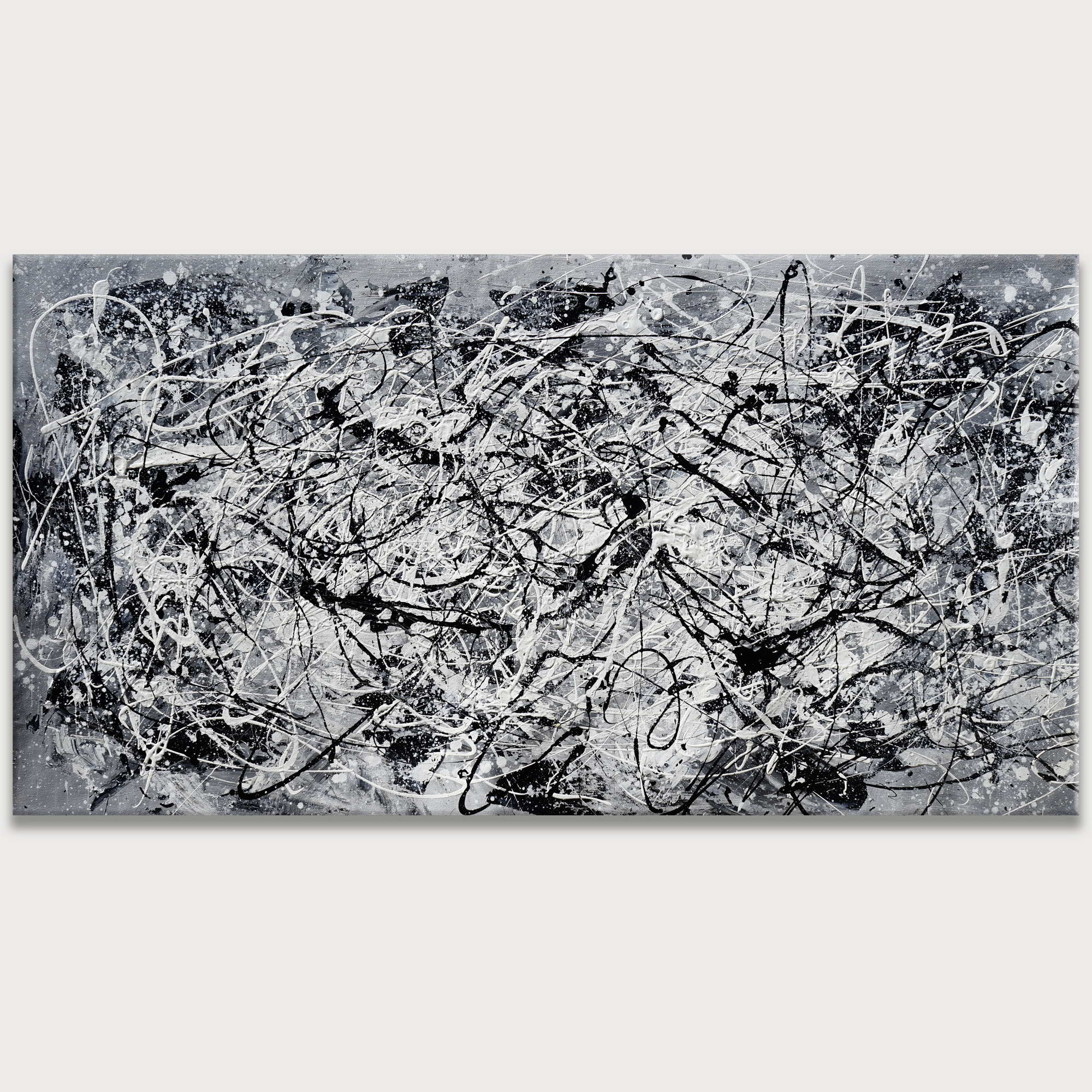 Dipinto a mano Astratto Bianco e Nero stile Pollock 75x150cm
