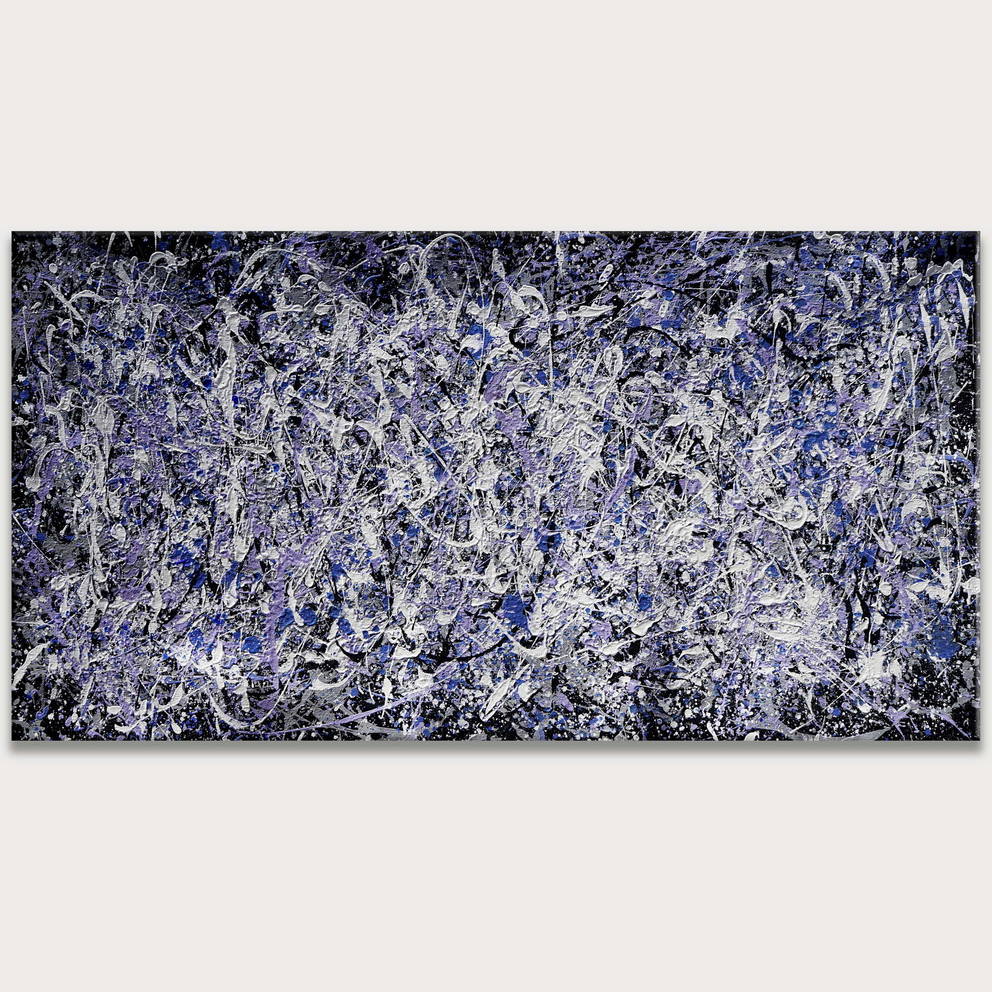 Dipinto a mano Astratto Blu e Bianco stile Pollock 75x150cm