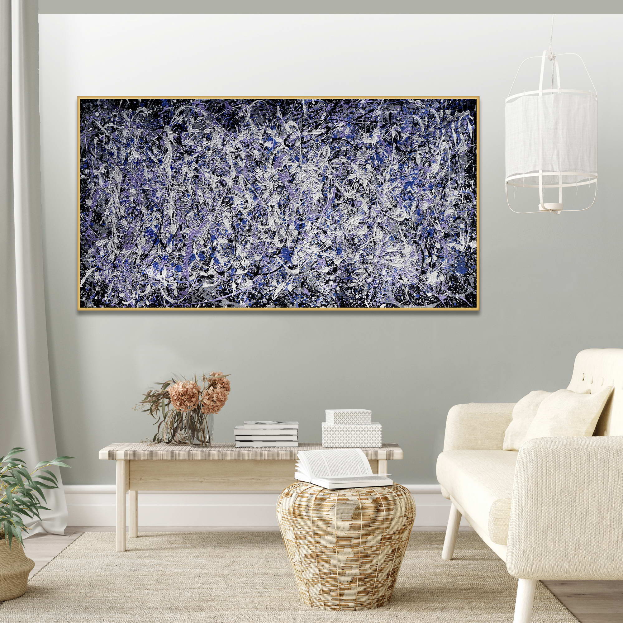 Style Pollock abstrait bleu et blanc peint à la main 75x150cm