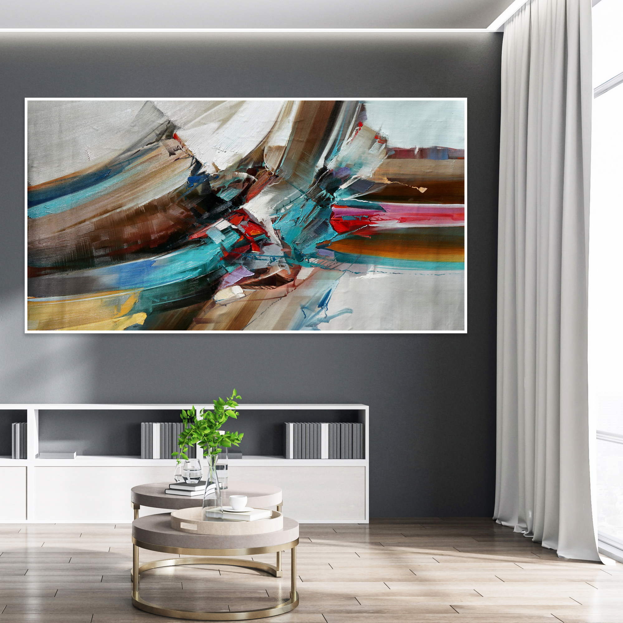 Hand painted Abstract Dynamic Warm colors 90x180cm