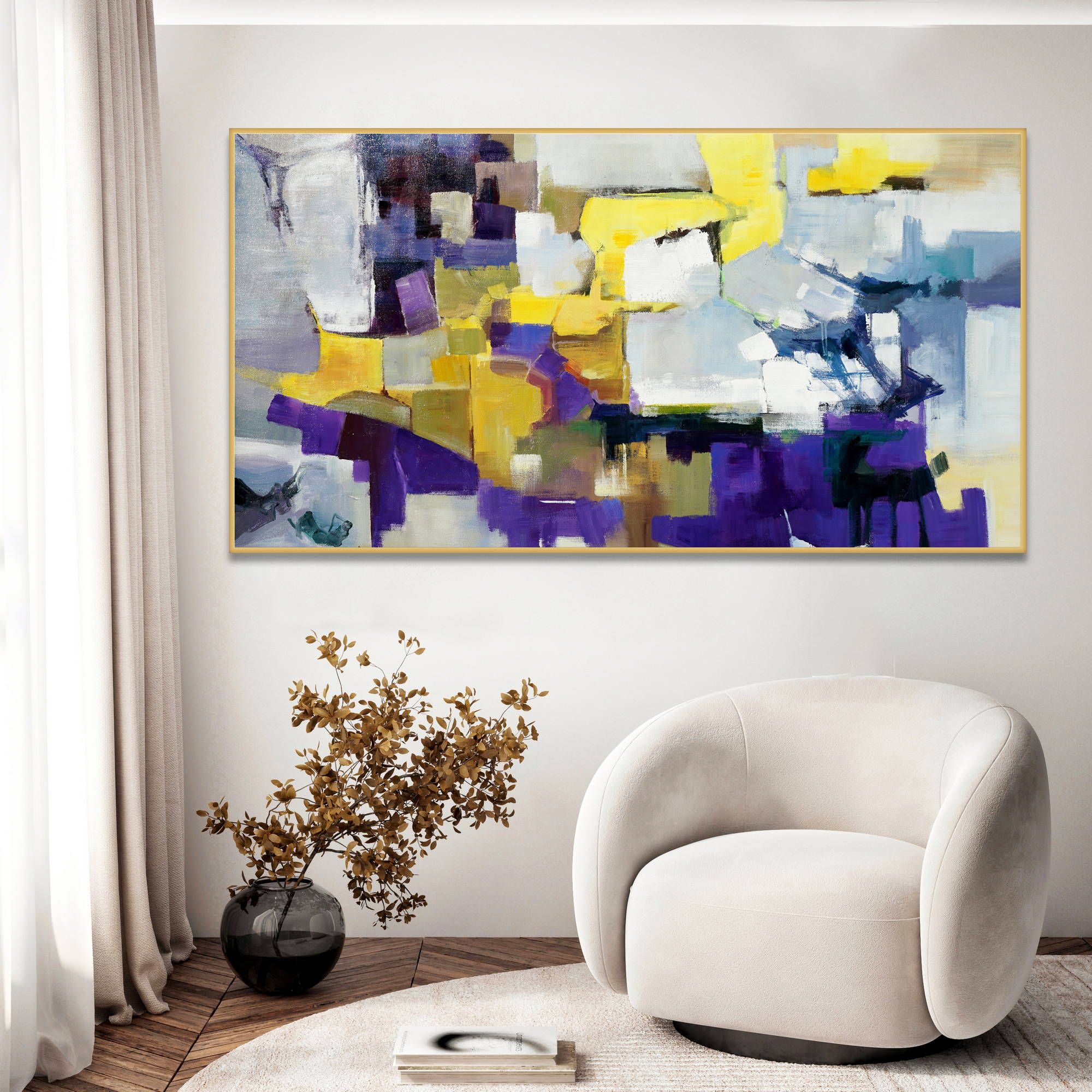 Géométries abstraites jaunes et violettes peintes à la main 90x180cm
