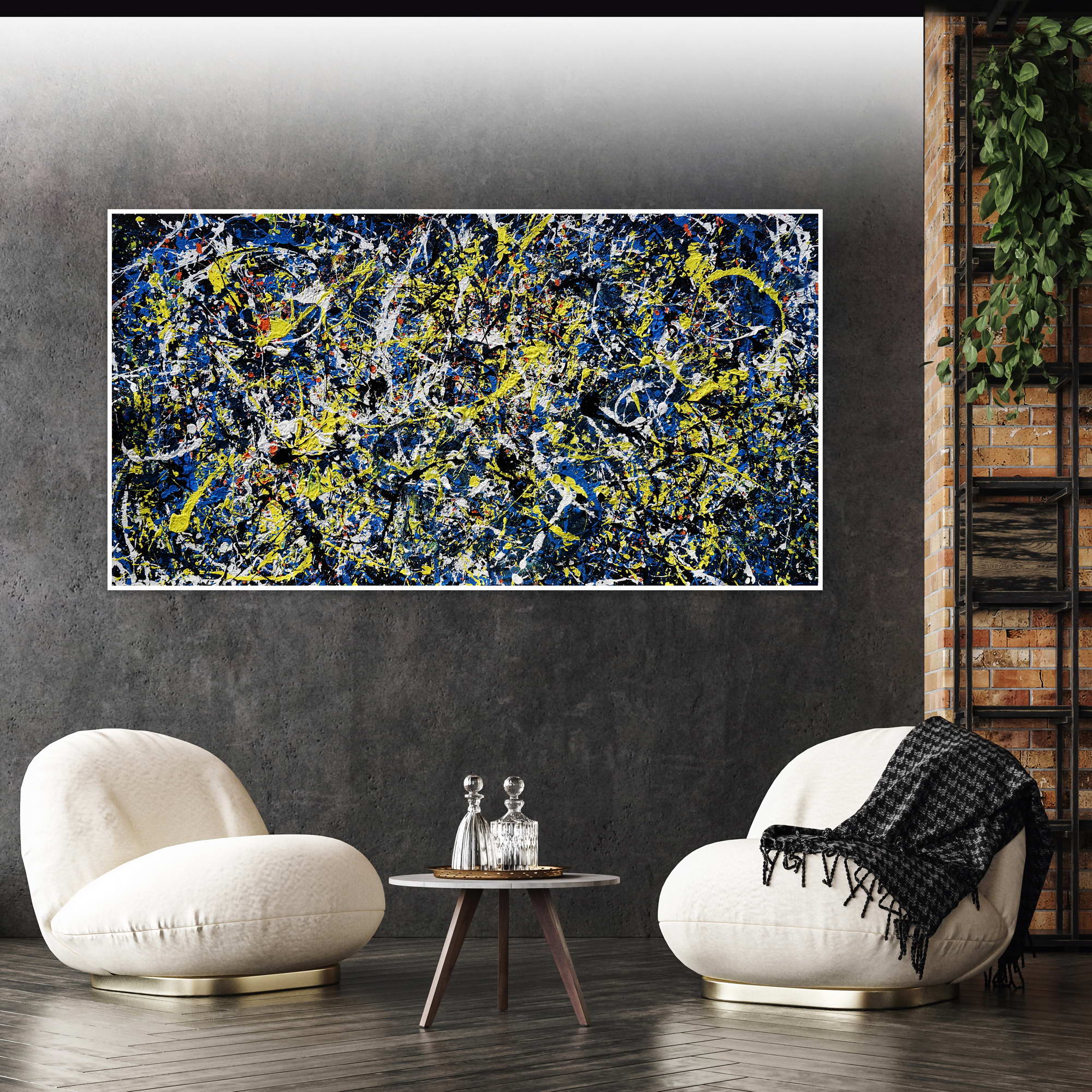 Style Pollock abstrait jaune et bleu peint à la main 75x150cm