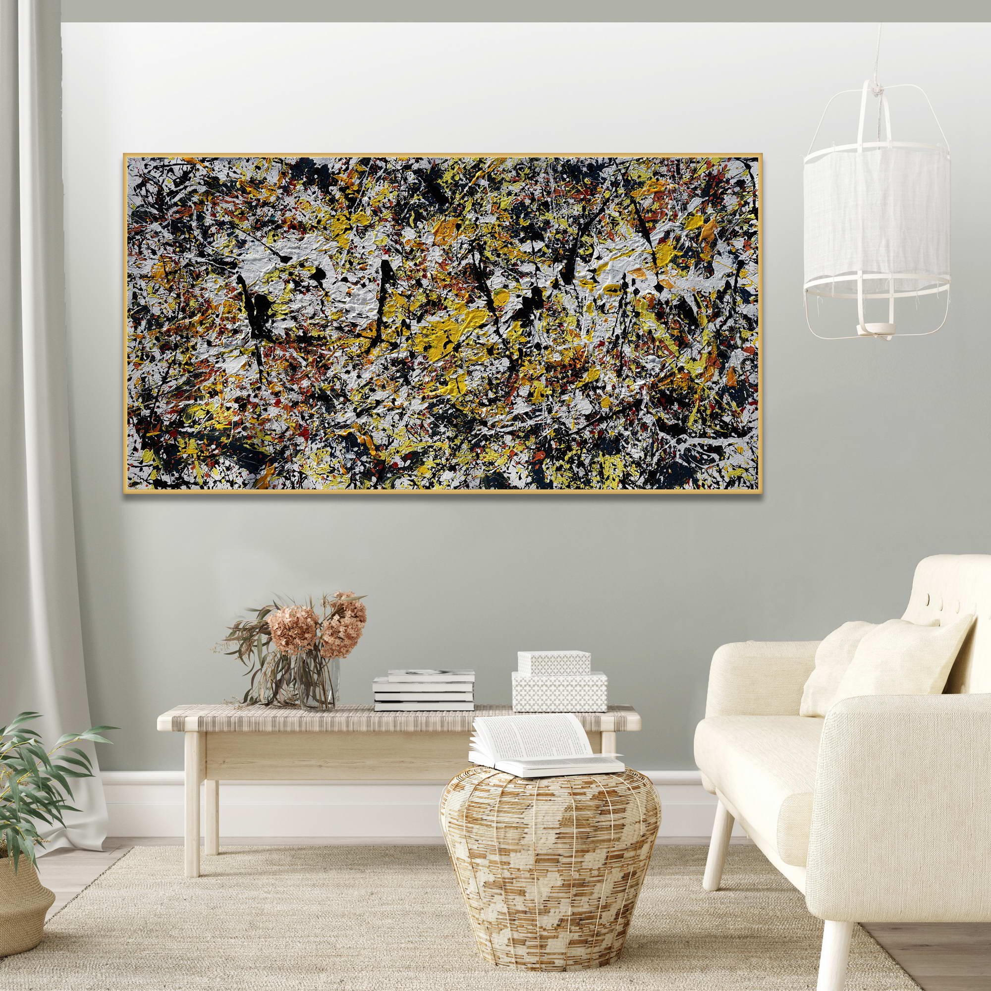 Style Pollock abstrait jaune et noir peint à la main 75x150cm