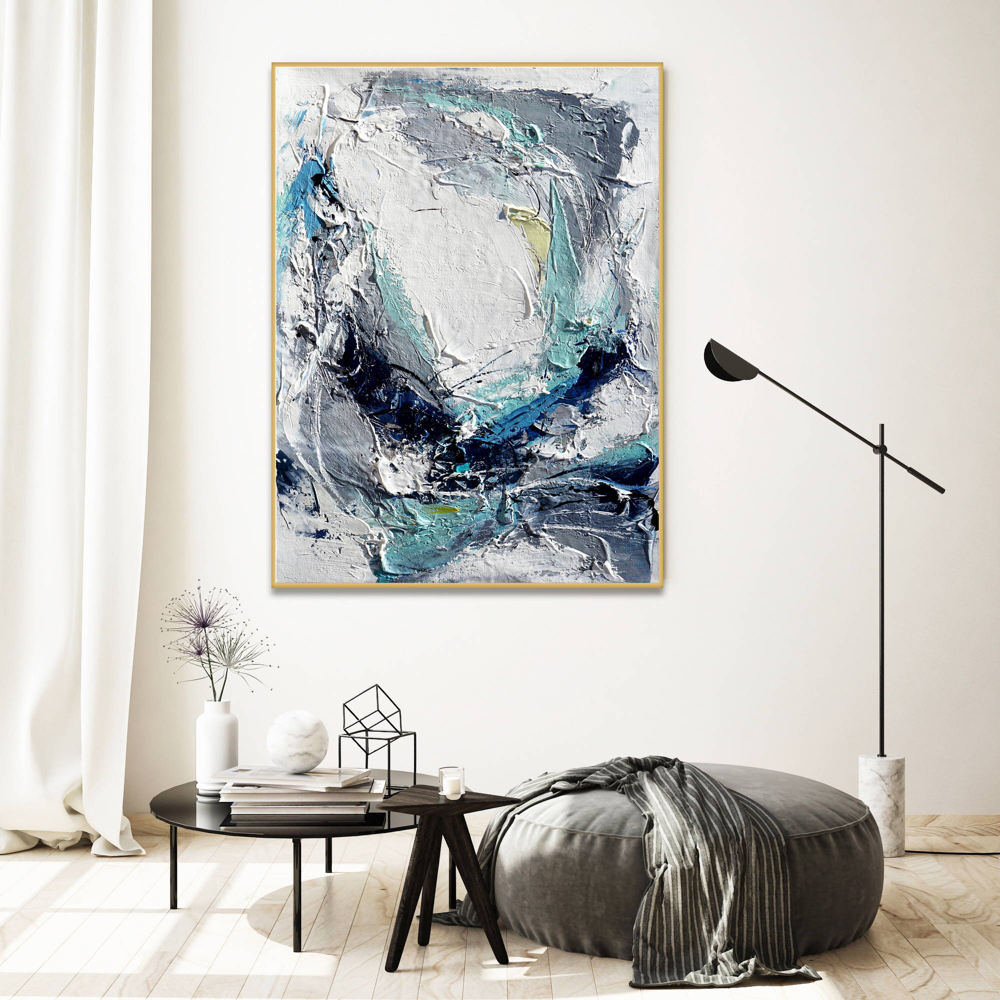 Abstrait peint à la main en bleu et blanc 80x120cm