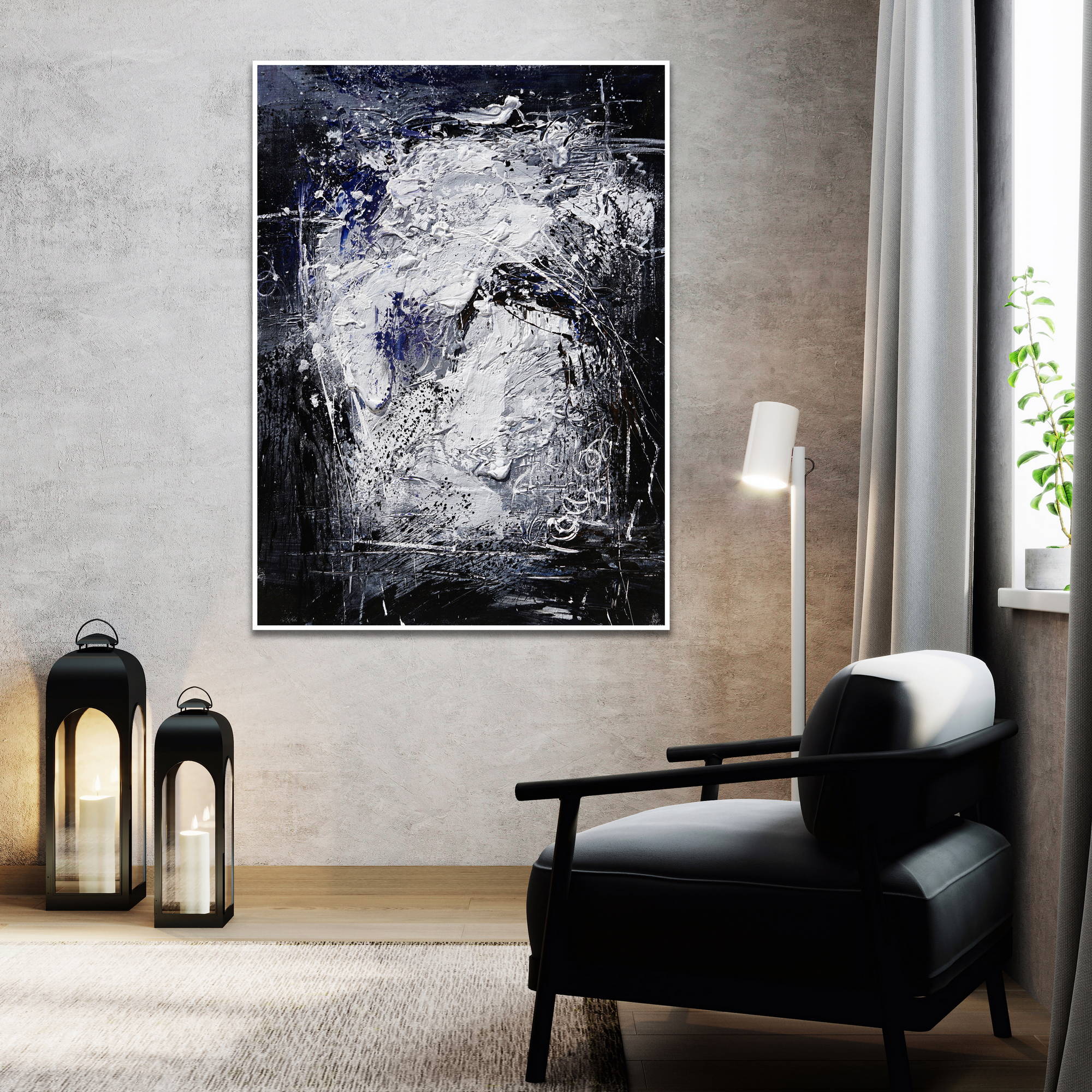 Hand painted Abstract in White and Blue 80x120cm