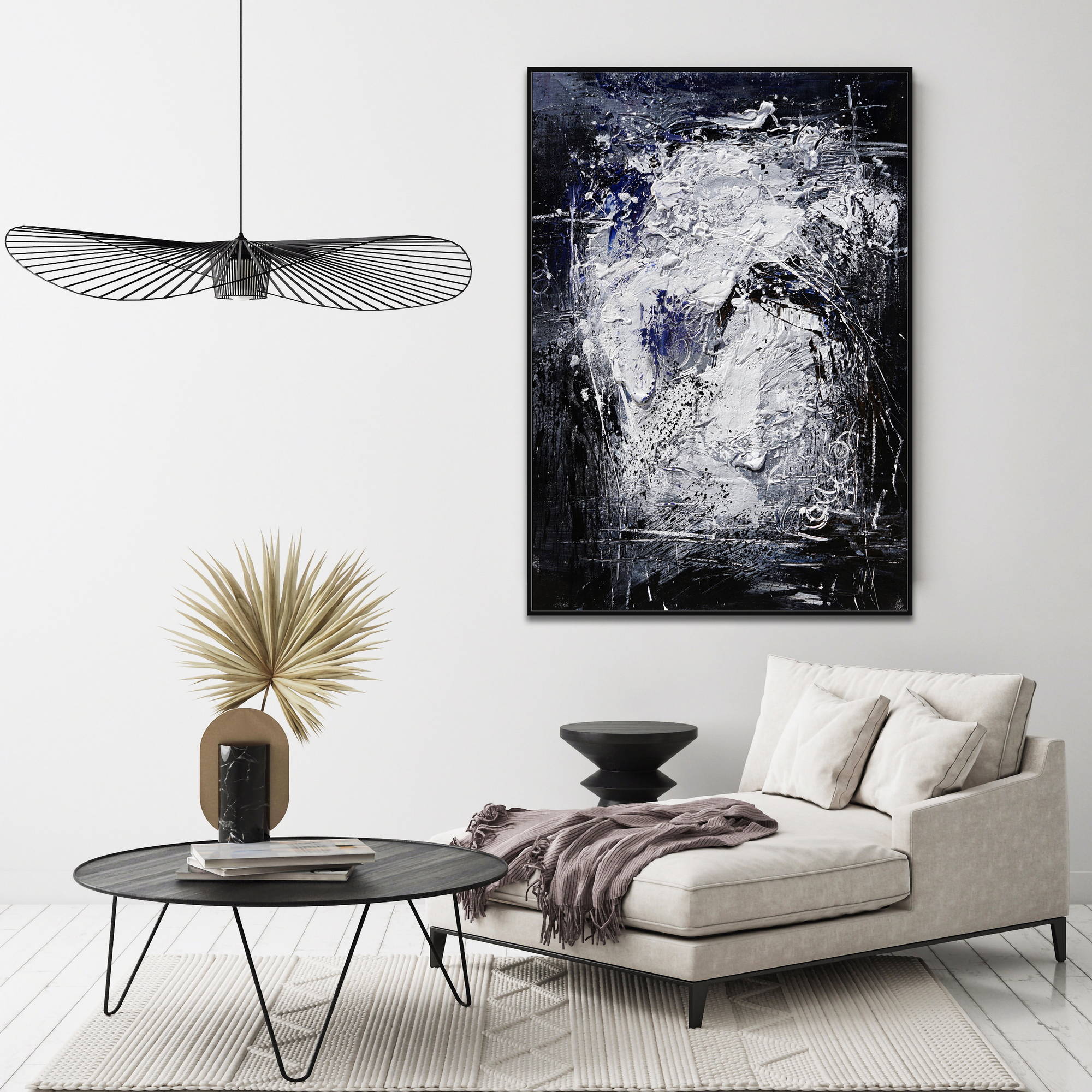 Hand painted Abstract in White and Blue 80x120cm