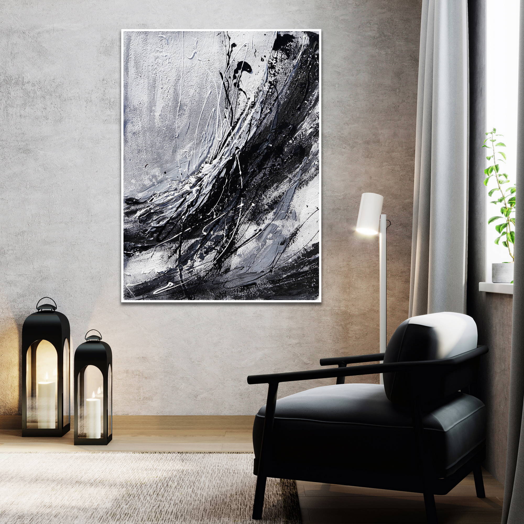 Abstrait peint à la main en noir et blanc 80x120cm