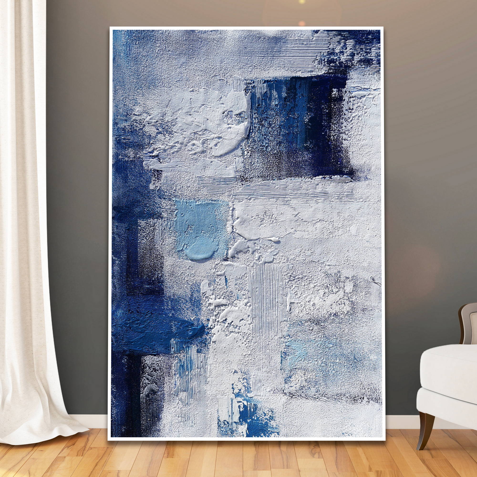 Dipinto astratto con diverse sfumature di blu e texture materiche