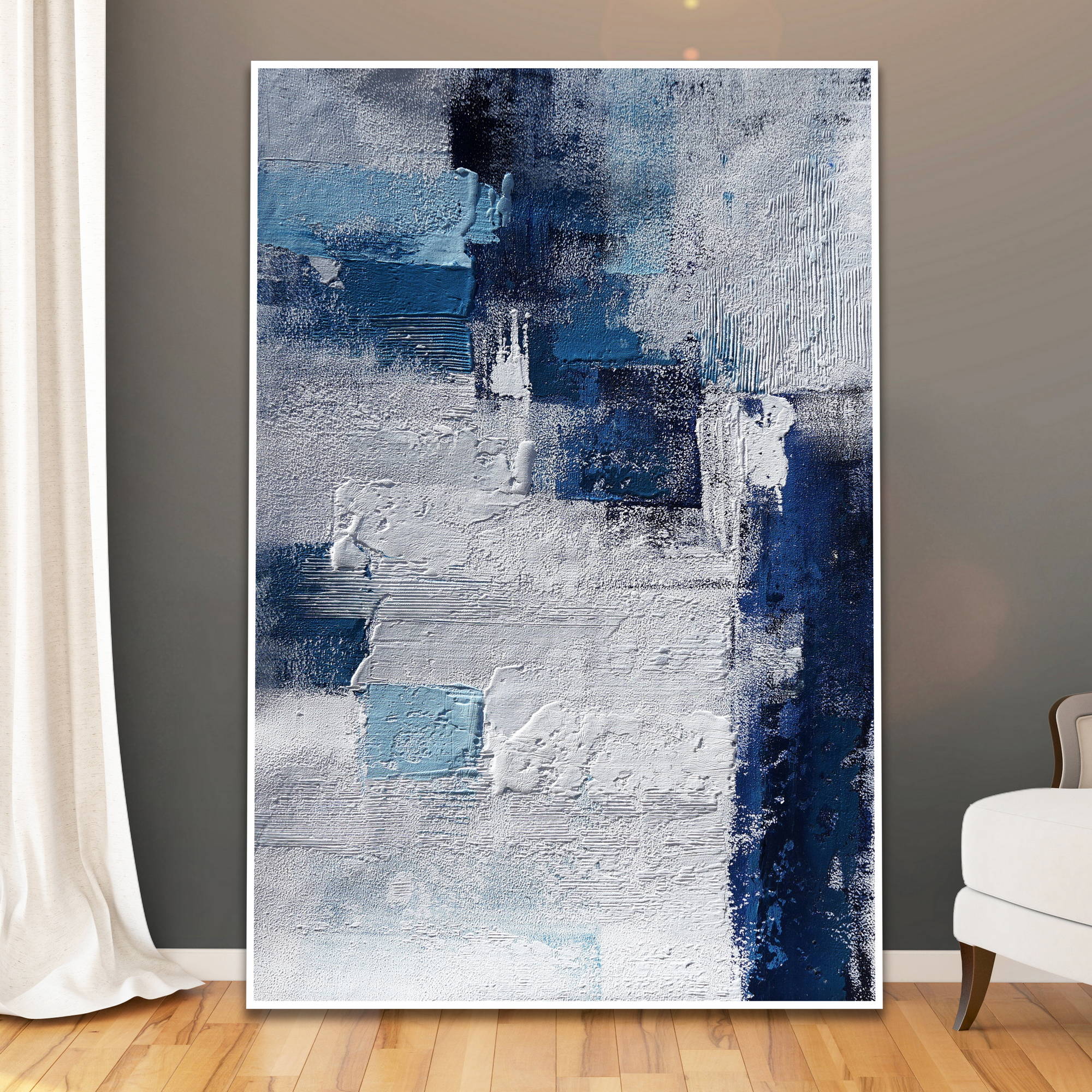 Quadro astratto materico con tonalita di blu e bianco