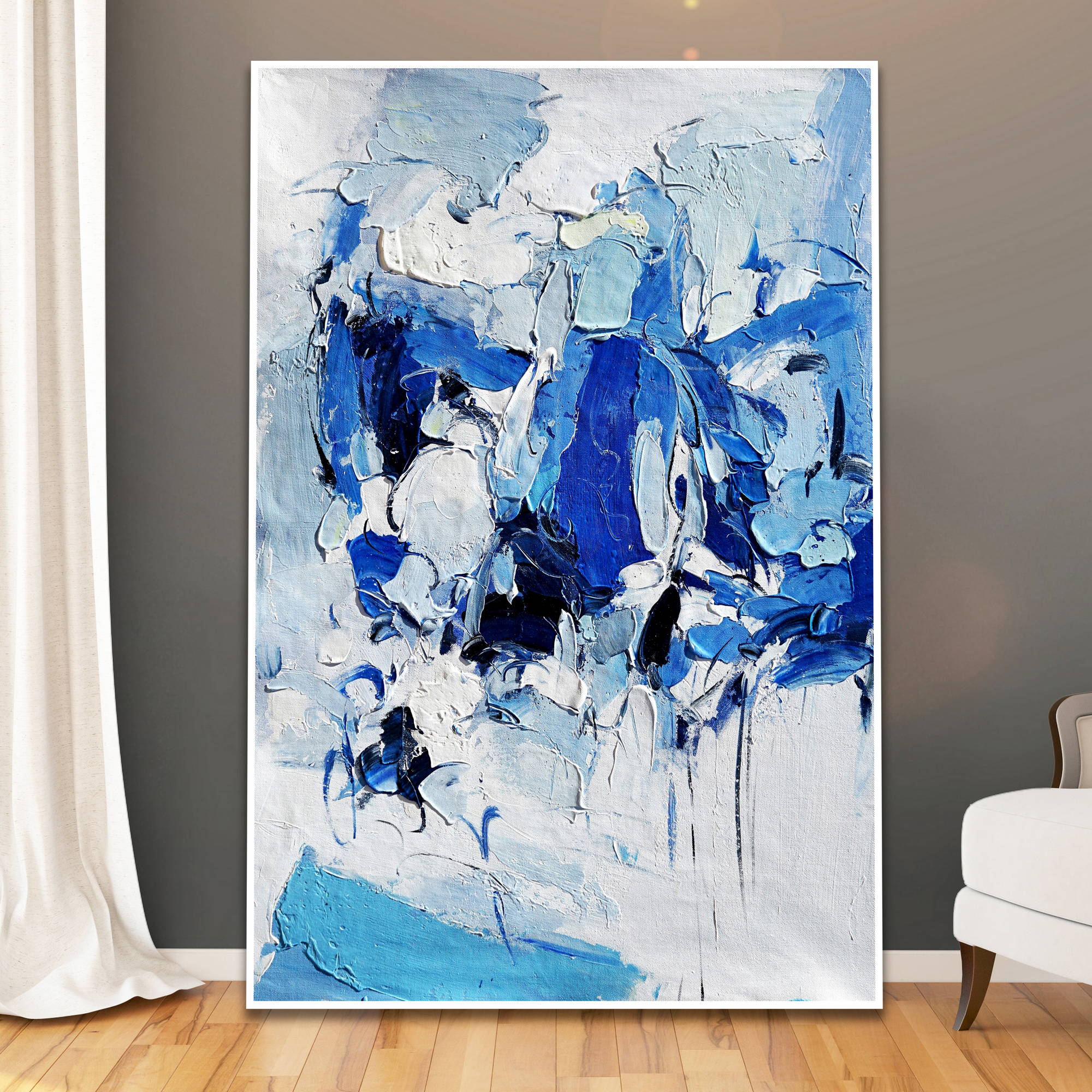 Dipinto astratto materico con toni di blu e bianco