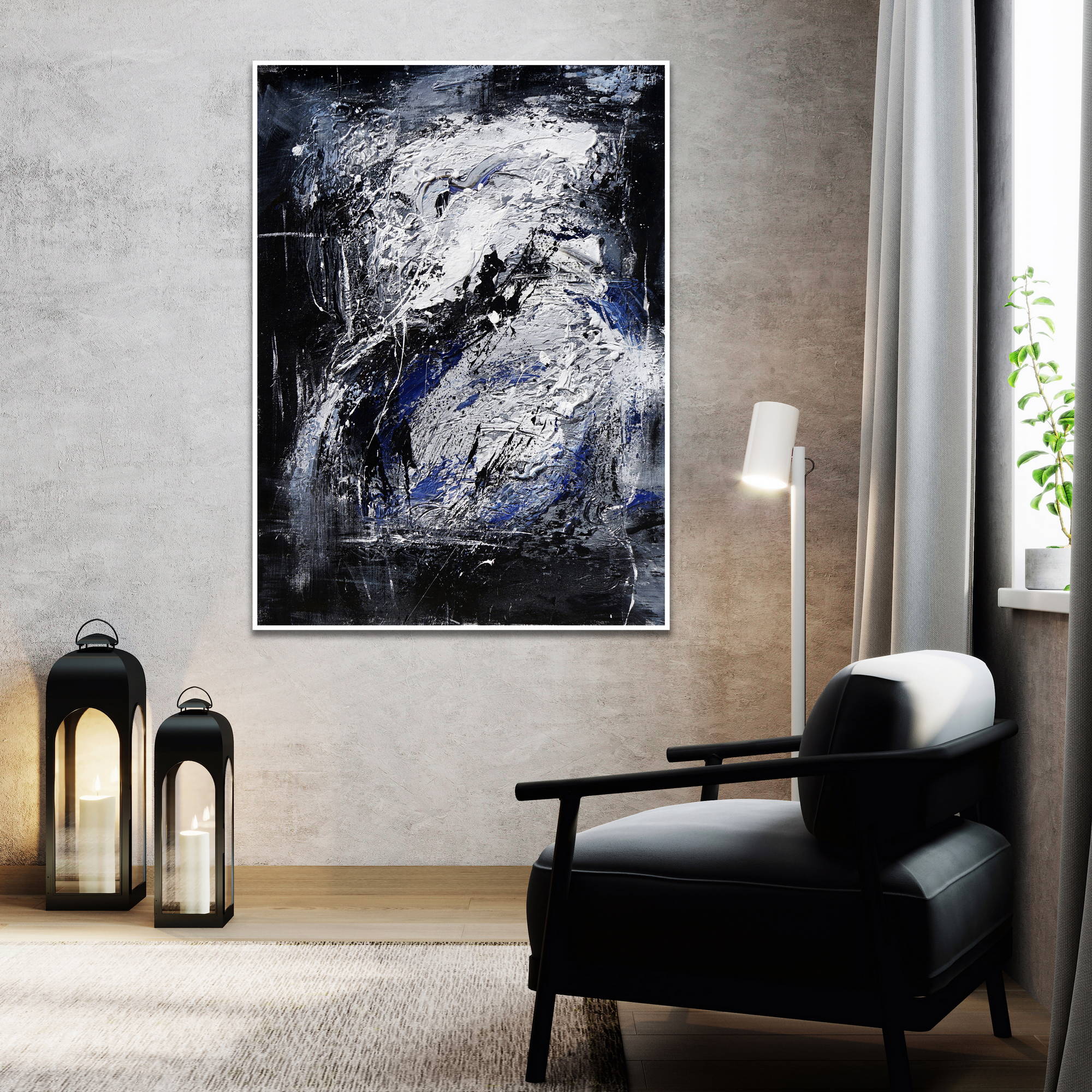 Hand painted Abstract in Blue and White 80x120cm