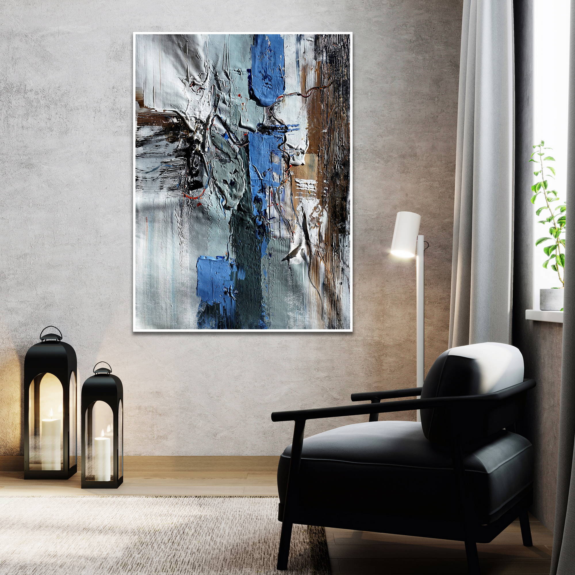 Hand painted Abstract in Blue and Gray 80x120cm