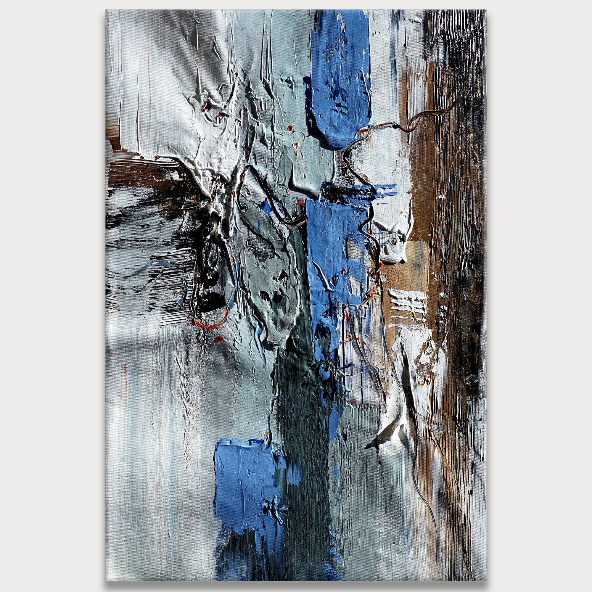 Abstrait peint à la main en bleu et gris 80x120cm