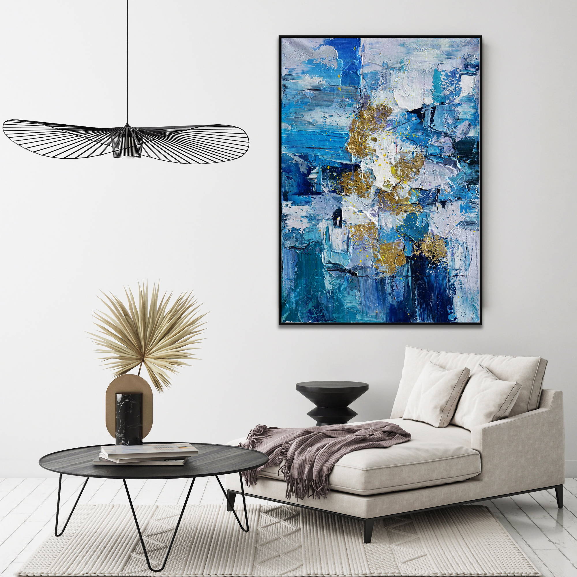 Hand painted Abstract in Blue and Gold 80x120cm