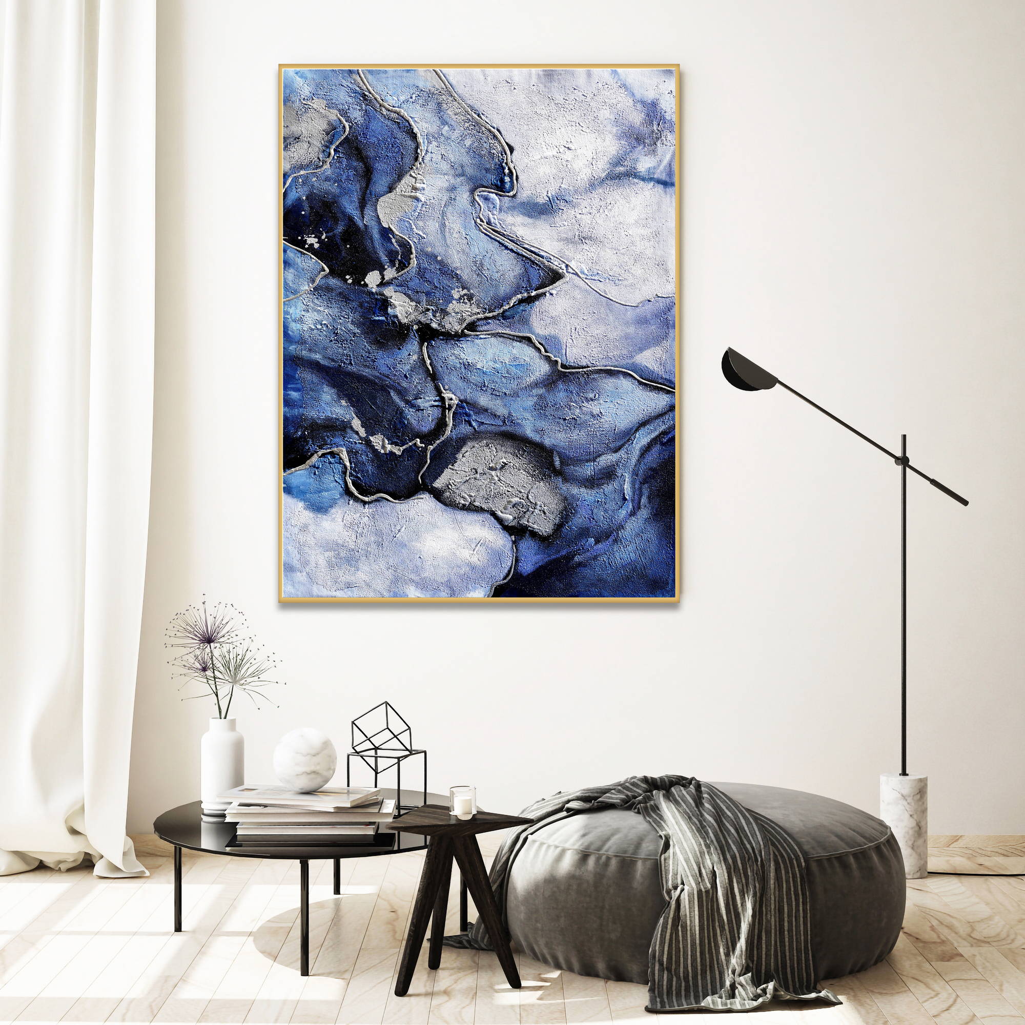 Hand painted Abstract in Blue and Gold 80x120cm