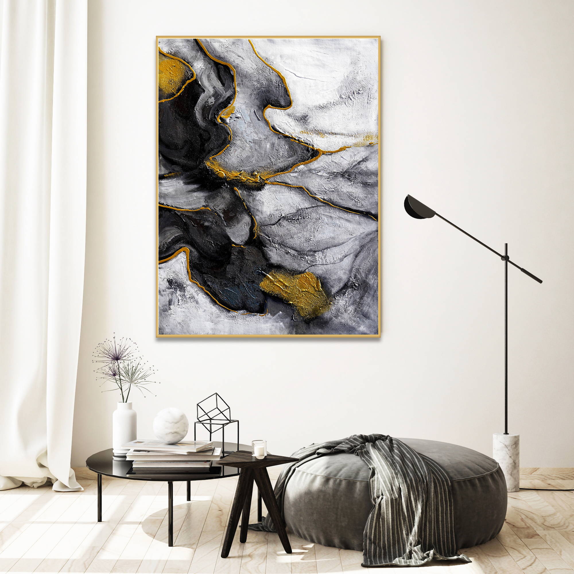 Hand painted Abstract in Black, White and Gold 80x120cm