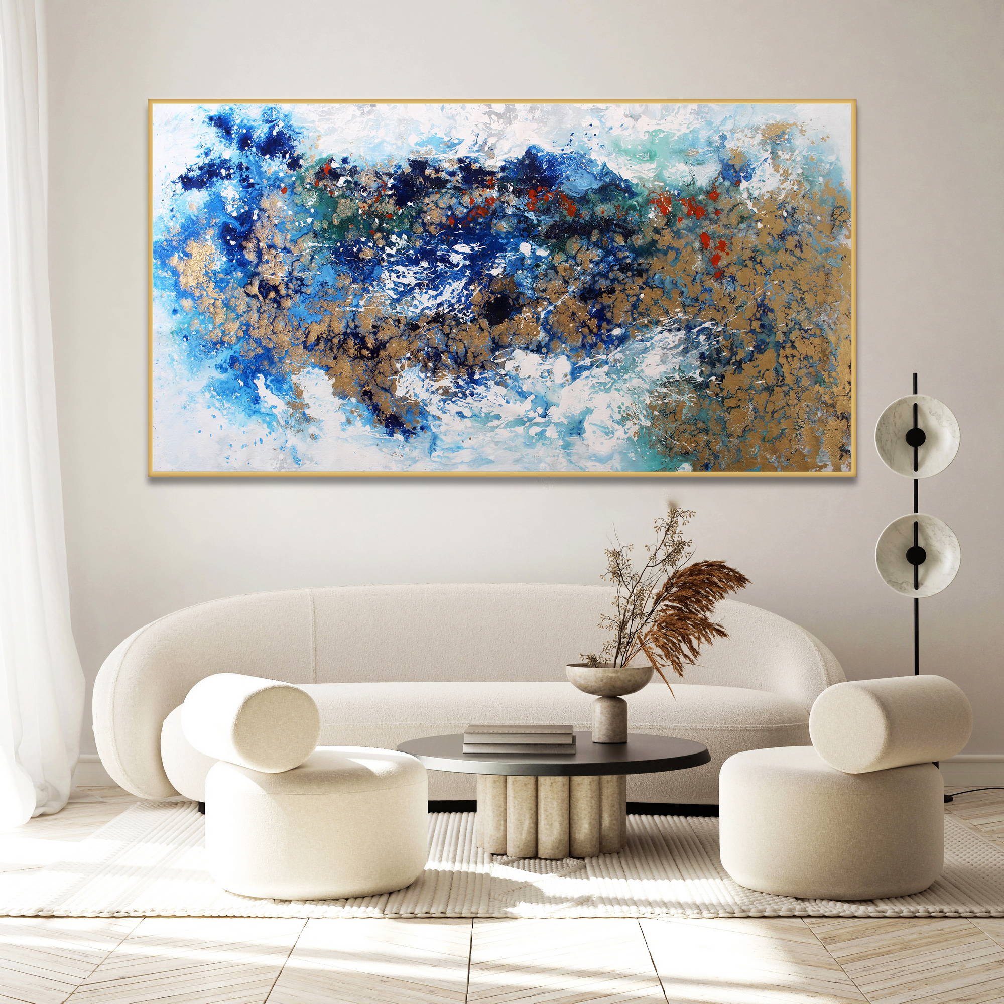 Abstrait peint à la main en or bleu et blanc 90x180cm