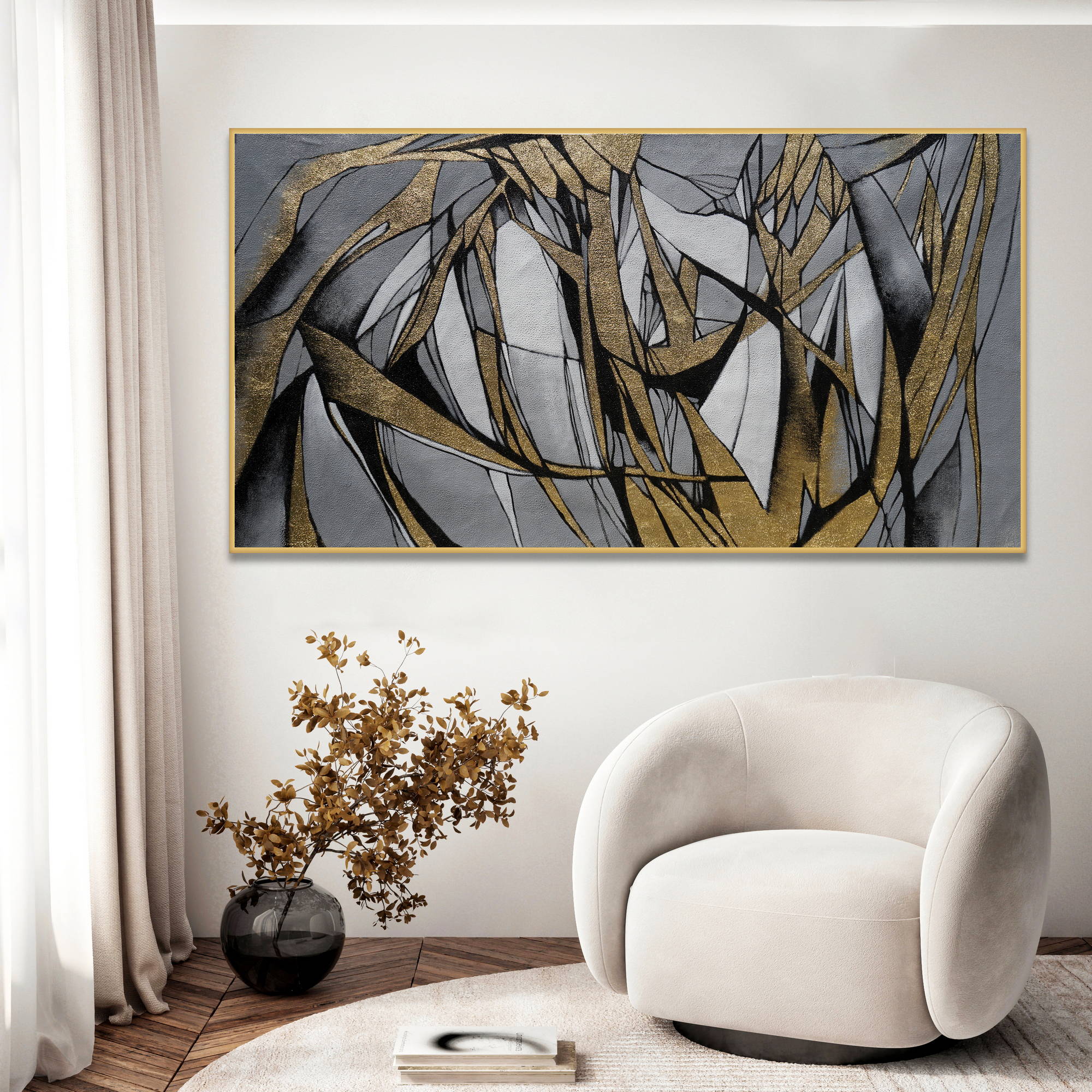 Abstrait peint à la main en or et noir 90x180cm