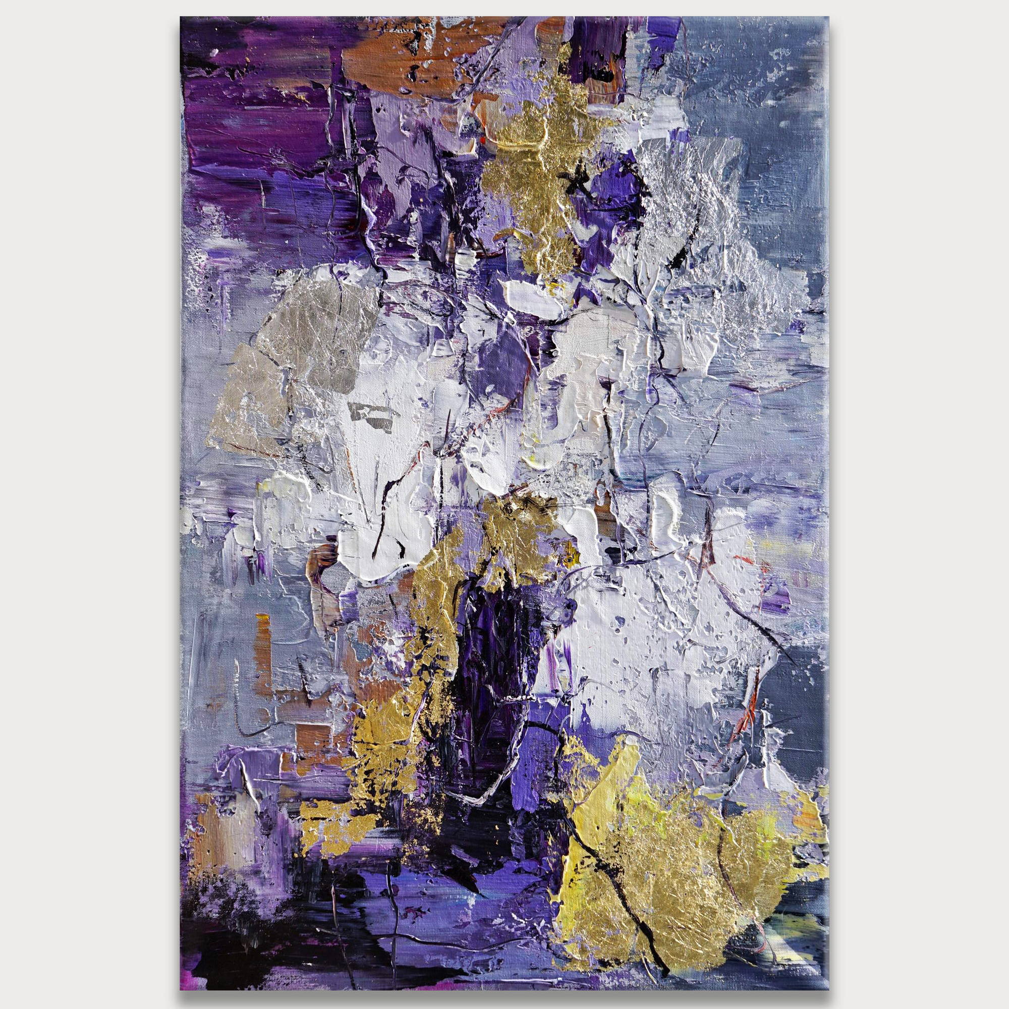 Abstrait peint à la main en violet et or 80x120cm
