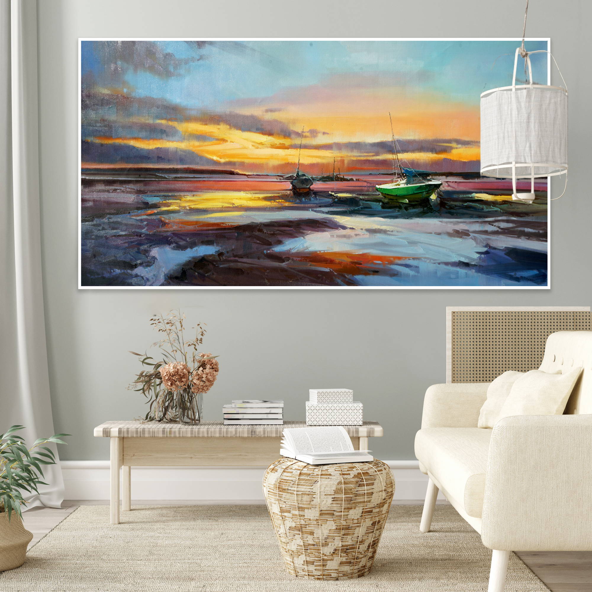 Paysage marin abstrait peint à la main au coucher du soleil 90x180cm