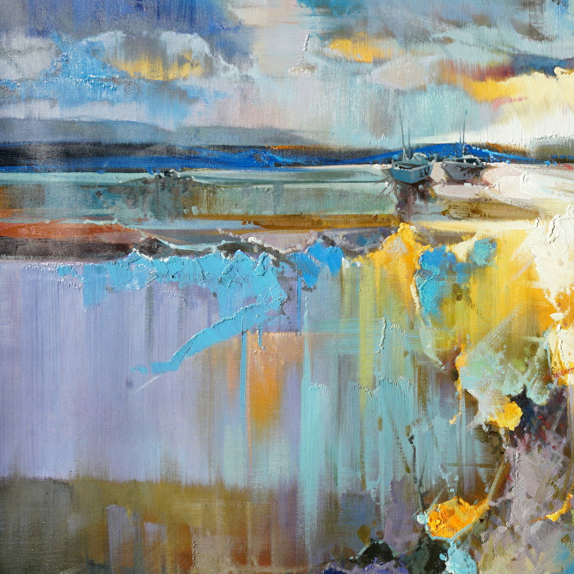 Paysage marin abstrait peint à la main au coucher du soleil 90x180cm