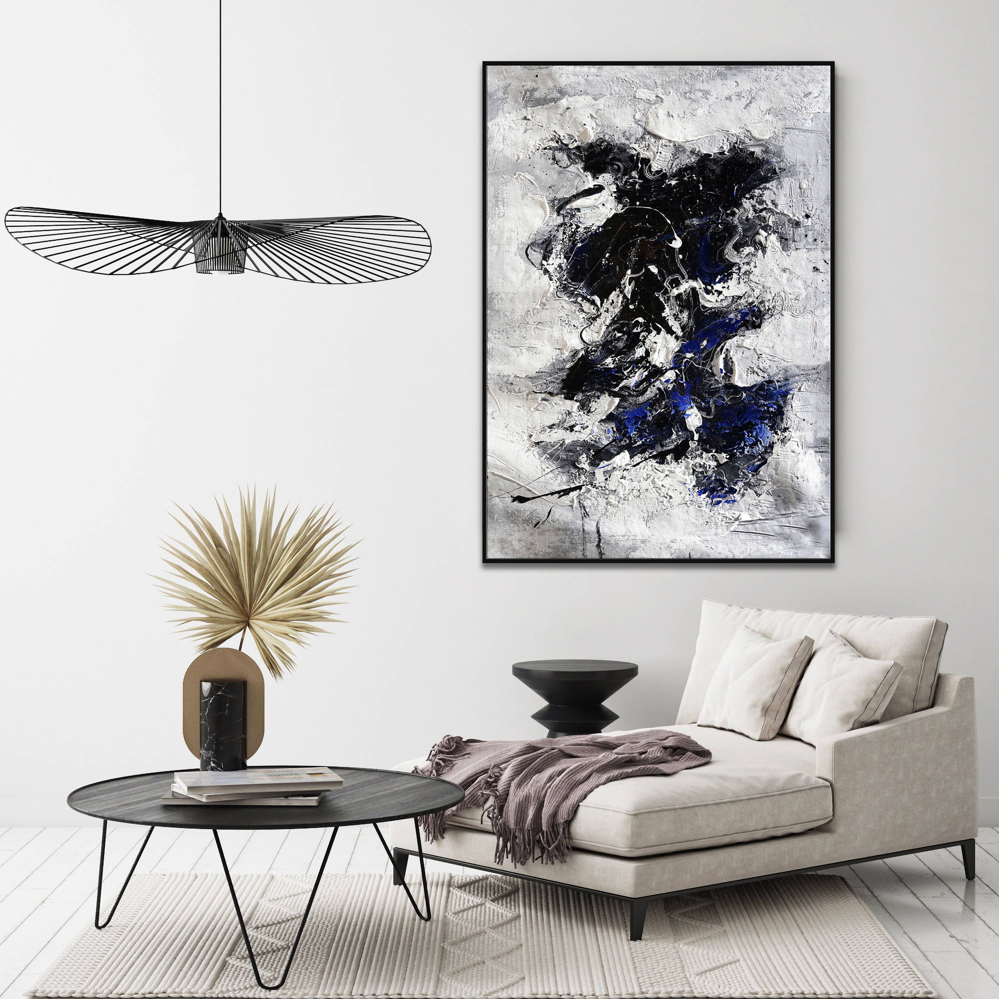 Hand painted Abstract Material in White and Blue 80x120cm