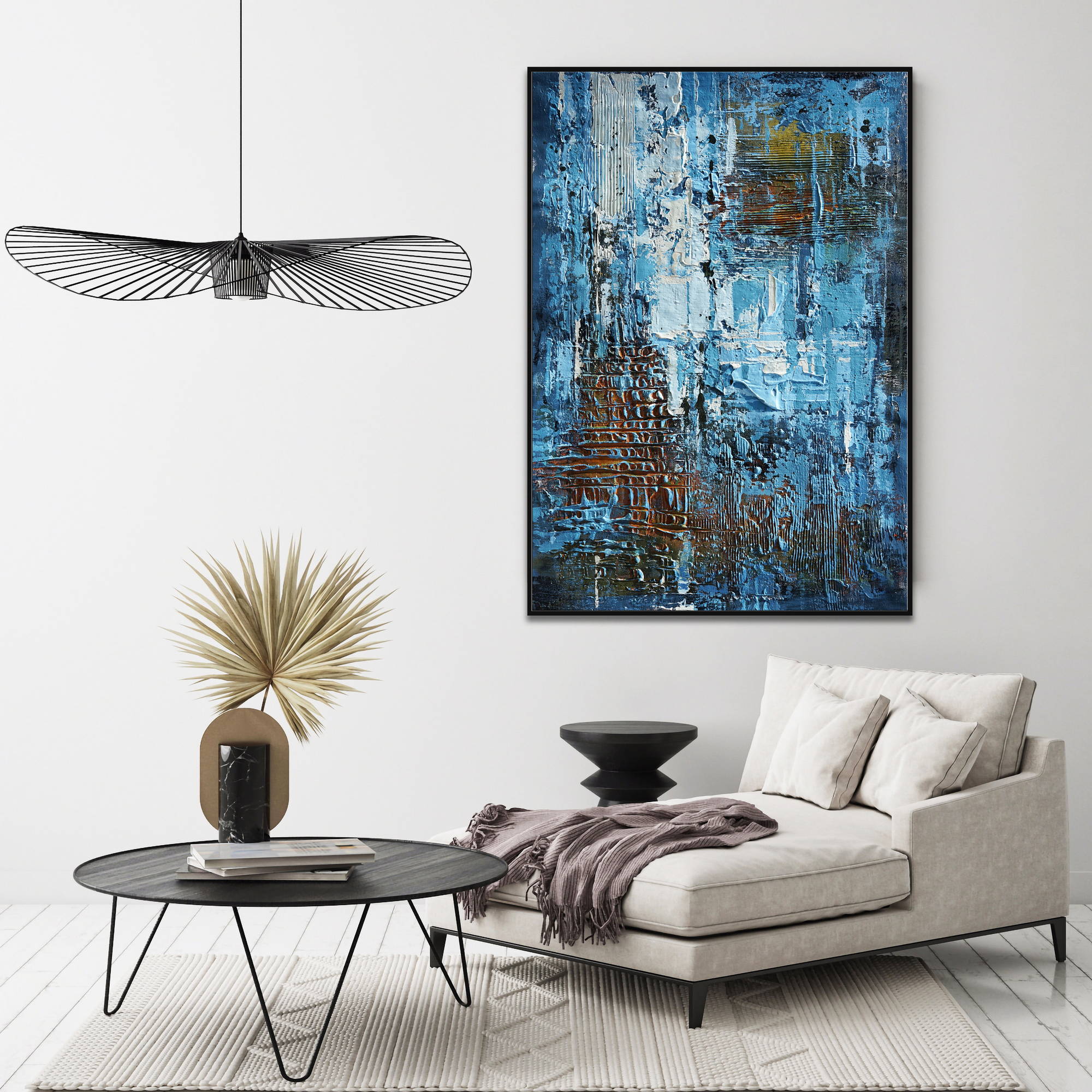 Hand painted Abstract Material in Blue and Gold 80x120cm