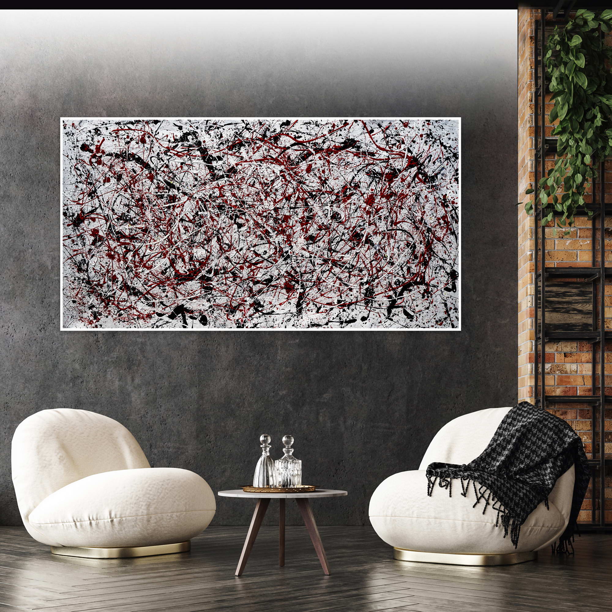 Style Pollock abstrait rouge et noir peint à la main 75x150cm