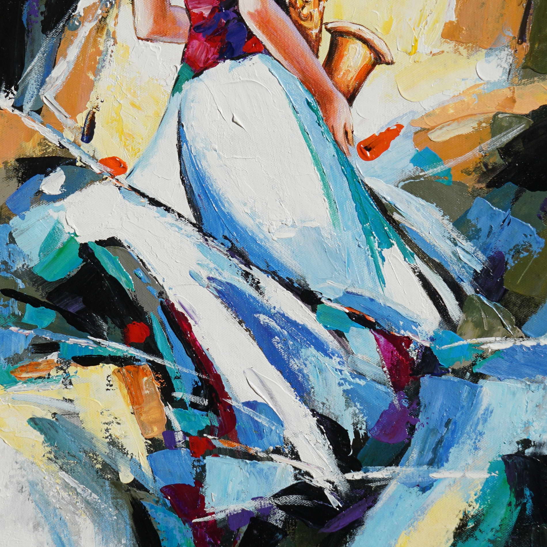 Saxophoniste abstrait peint à la main en robe blanche 50x70cm