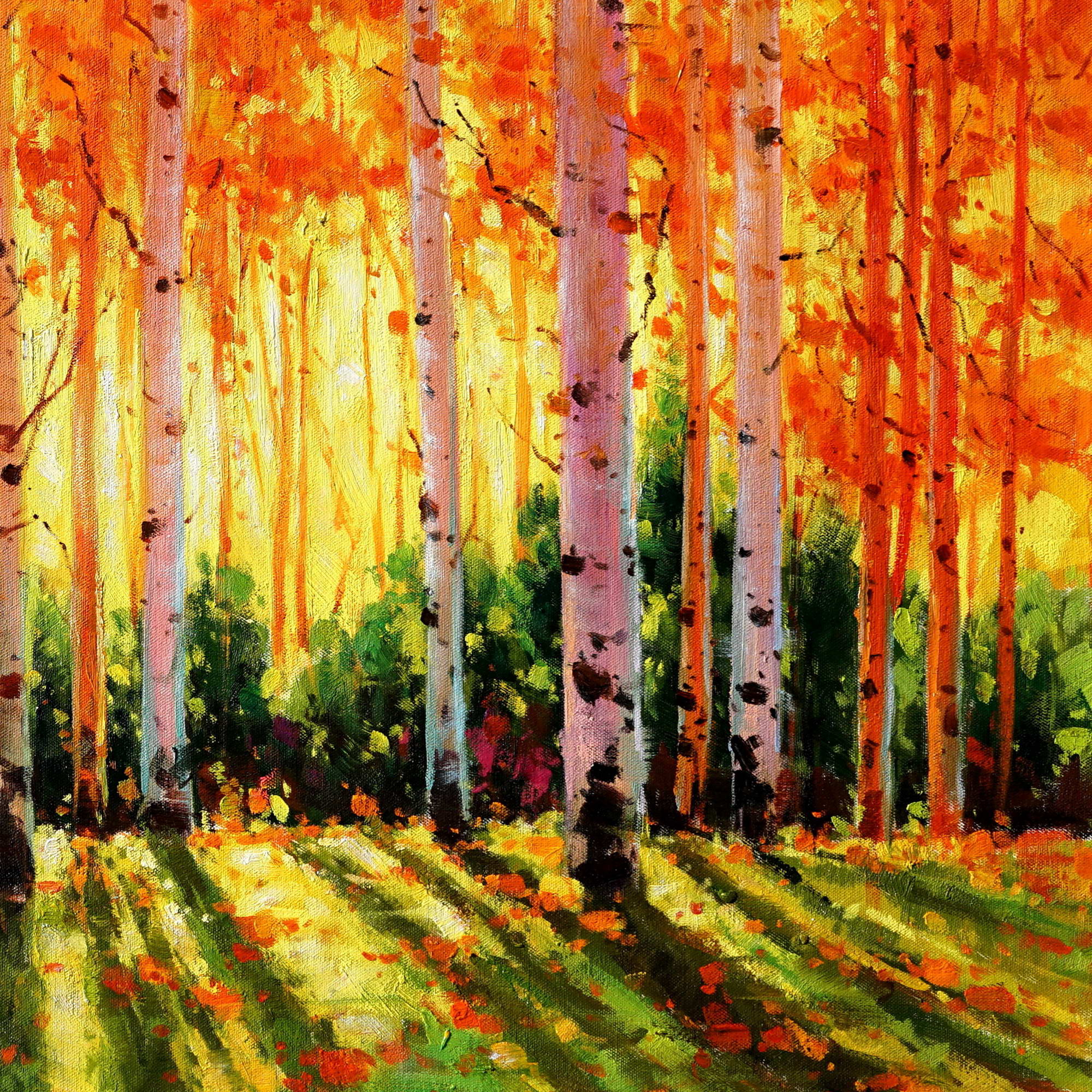 Automne peint à la main dans une forêt de bouleaux 75x150cm