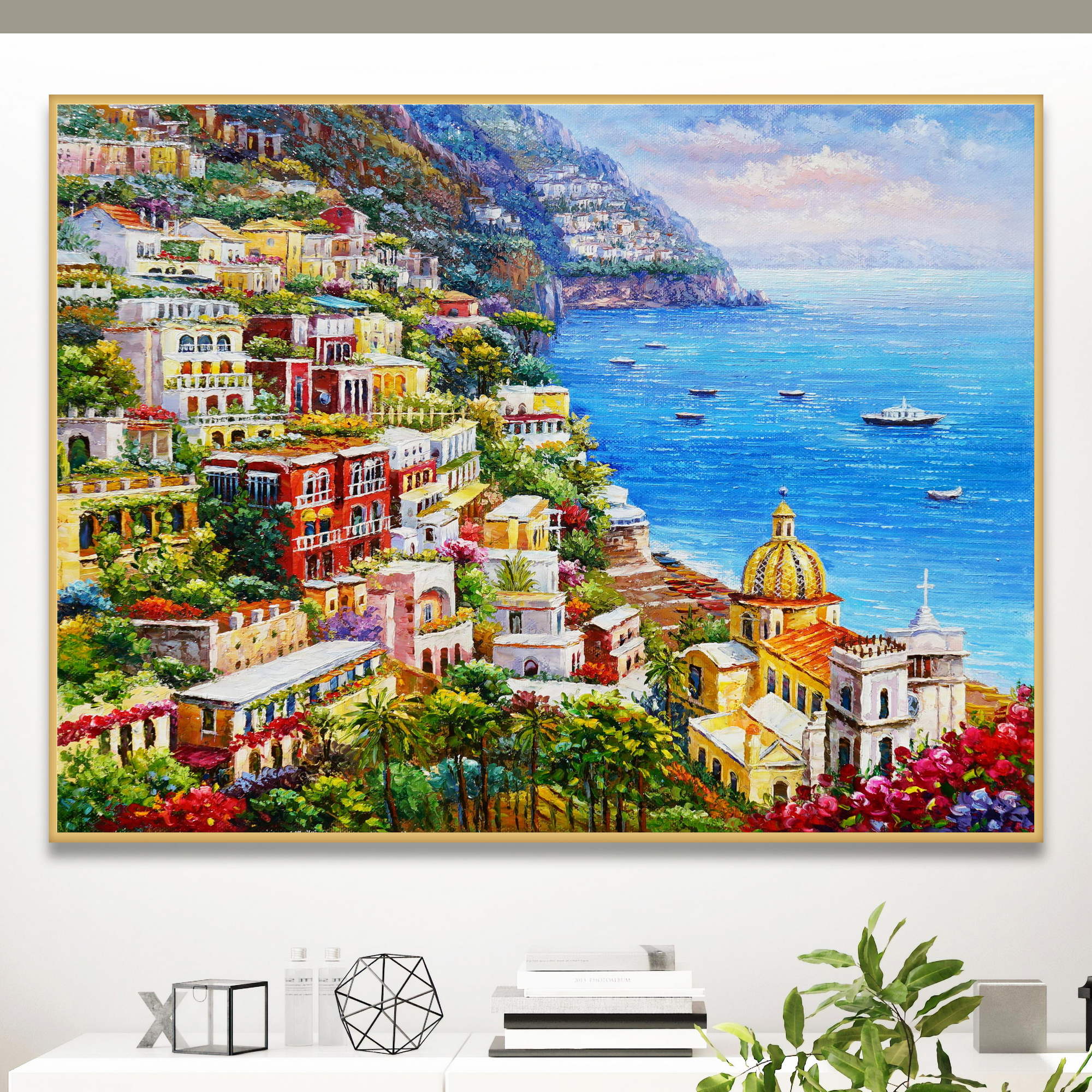 Dipinto panoramico di Positano sulla Costiera Amalfitana