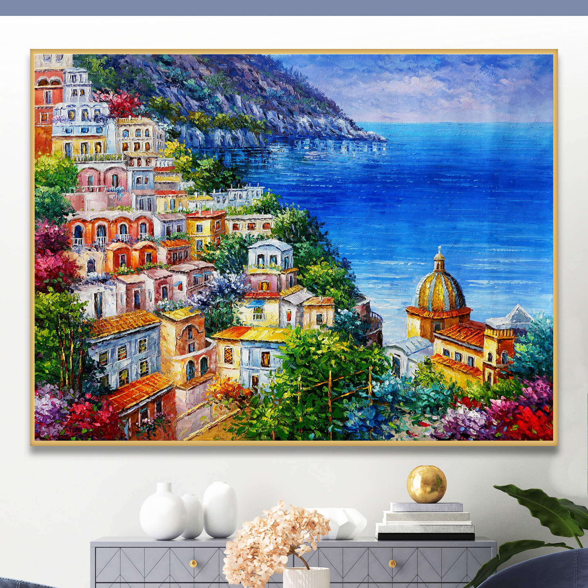 Dipinti del pittoresco borgo di Positano nella costiera amalfitana