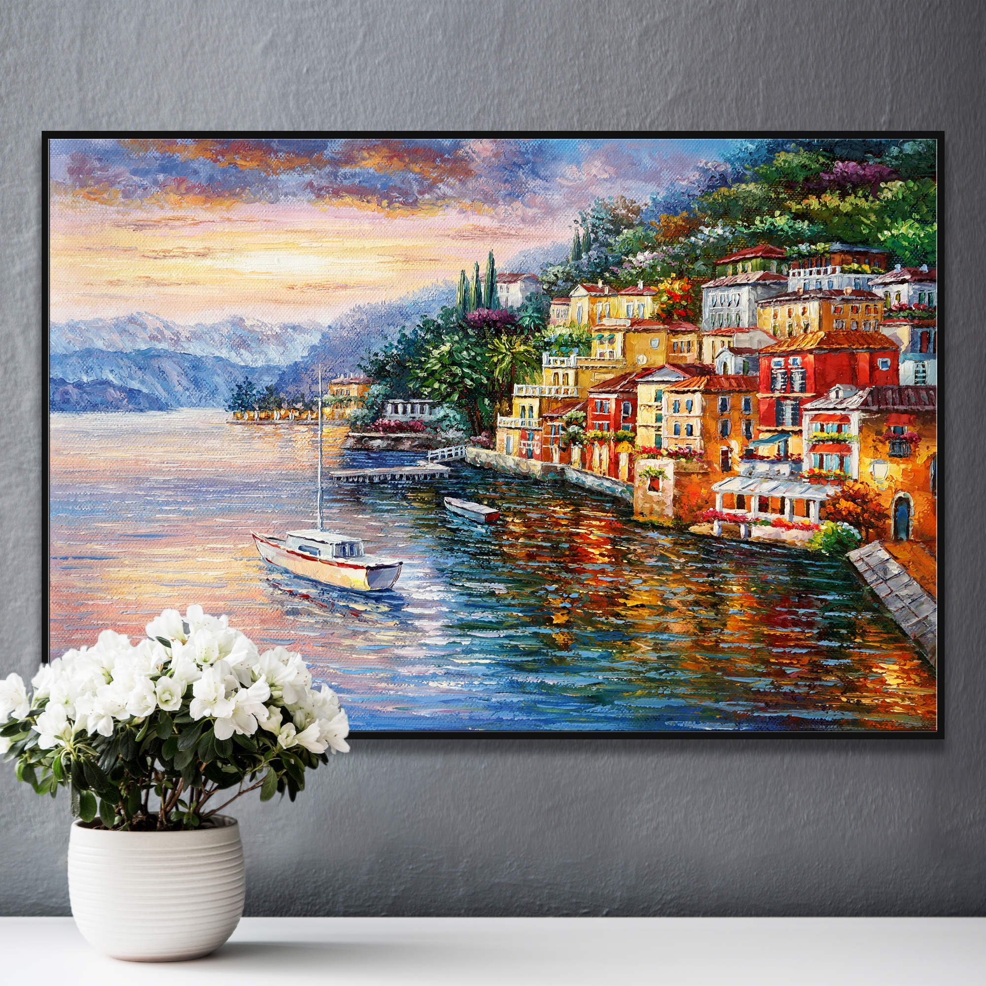 Dipinto paesaggio lago di Como, Varenna