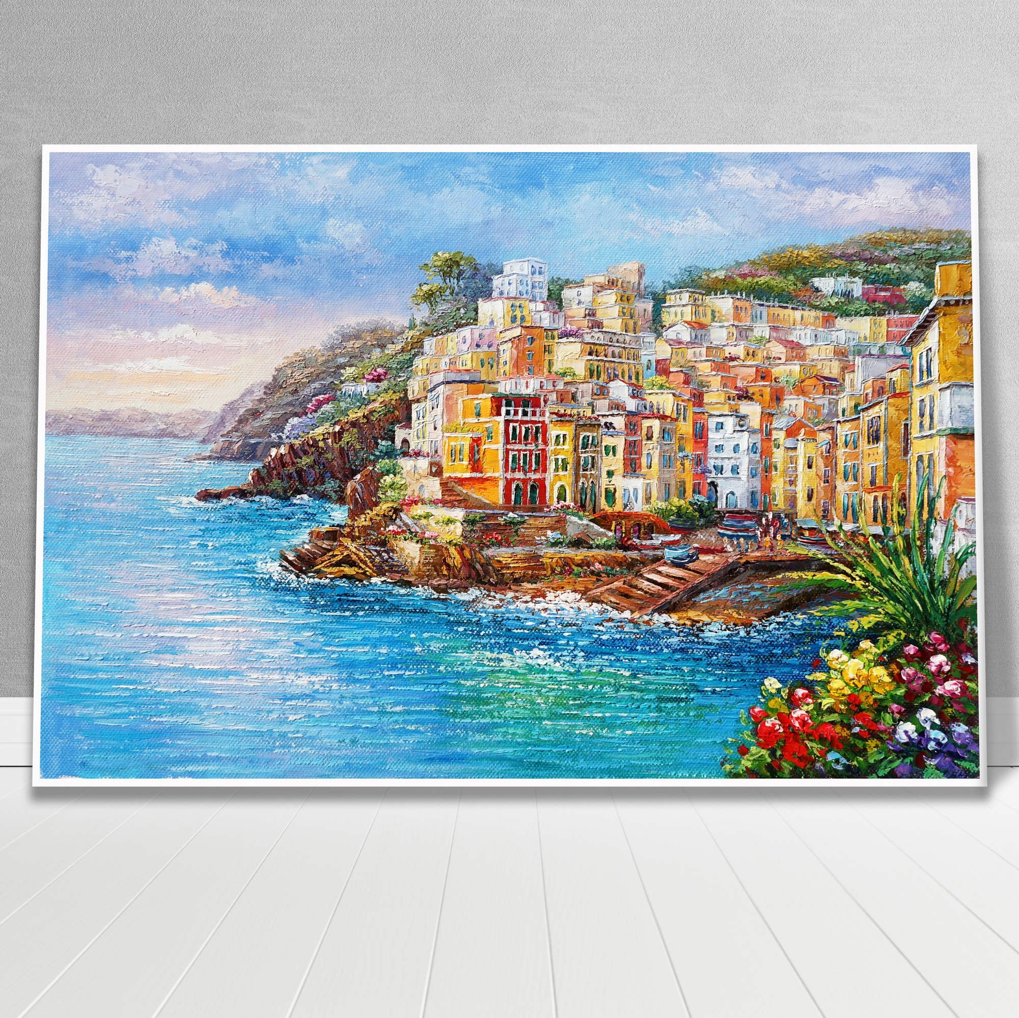 Dipinto con vista panoramica di Riomaggiore nelle Cinque Terre