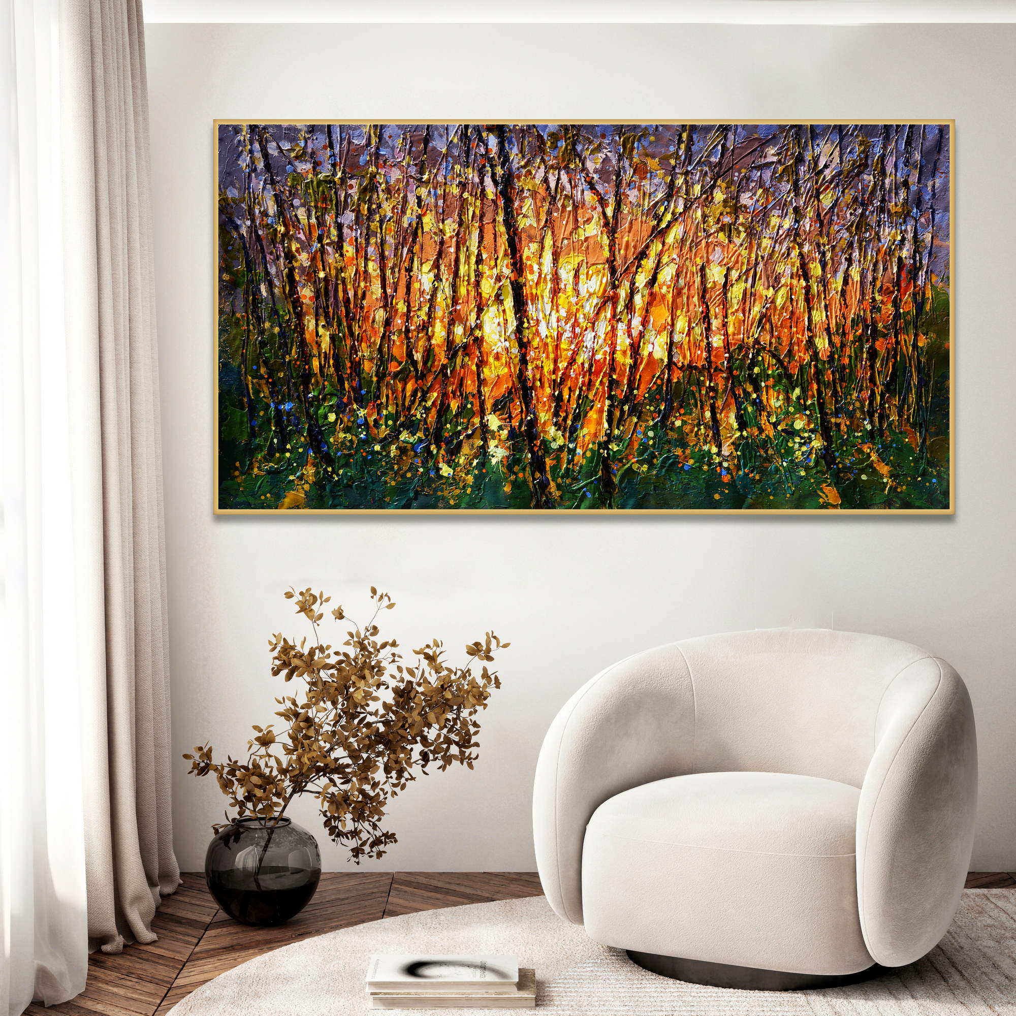 Forêt d'automne abstraite peinte à la main 90x180cm
