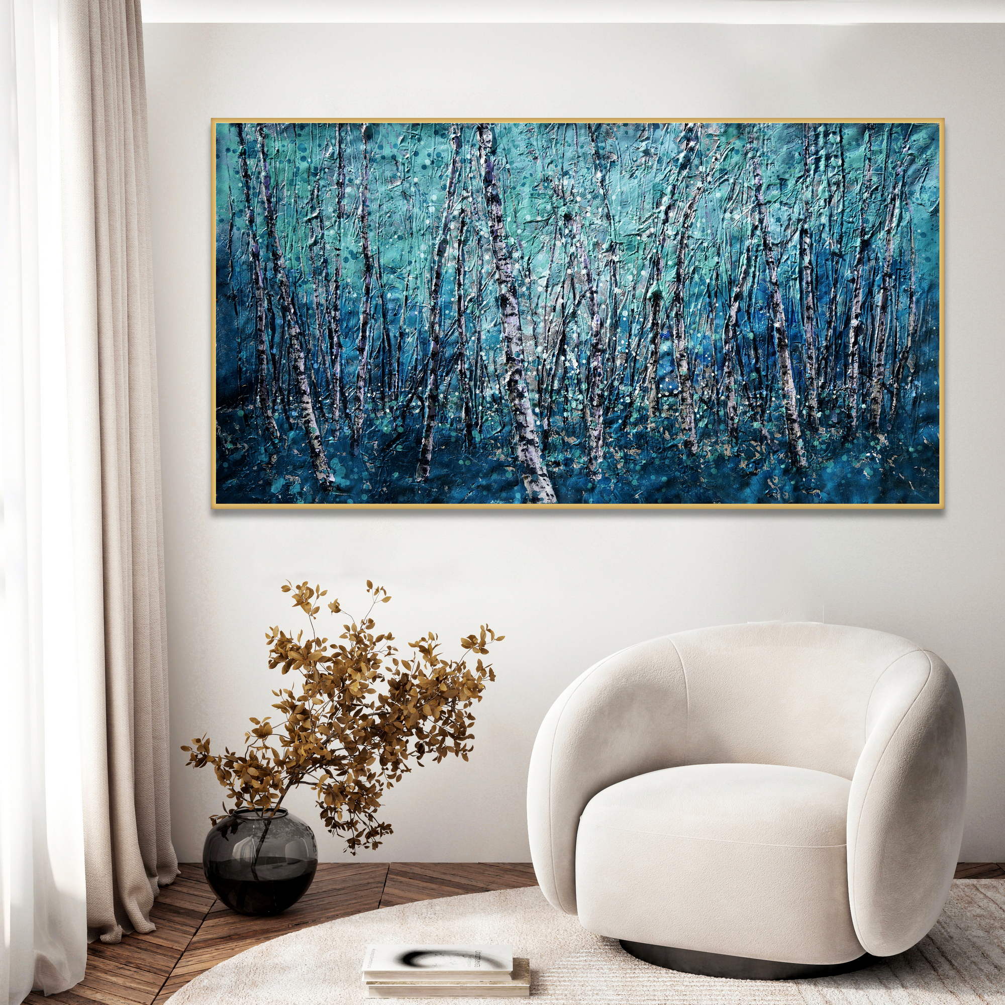 Forêt de bouleaux abstraite peinte à la main 90x180cm