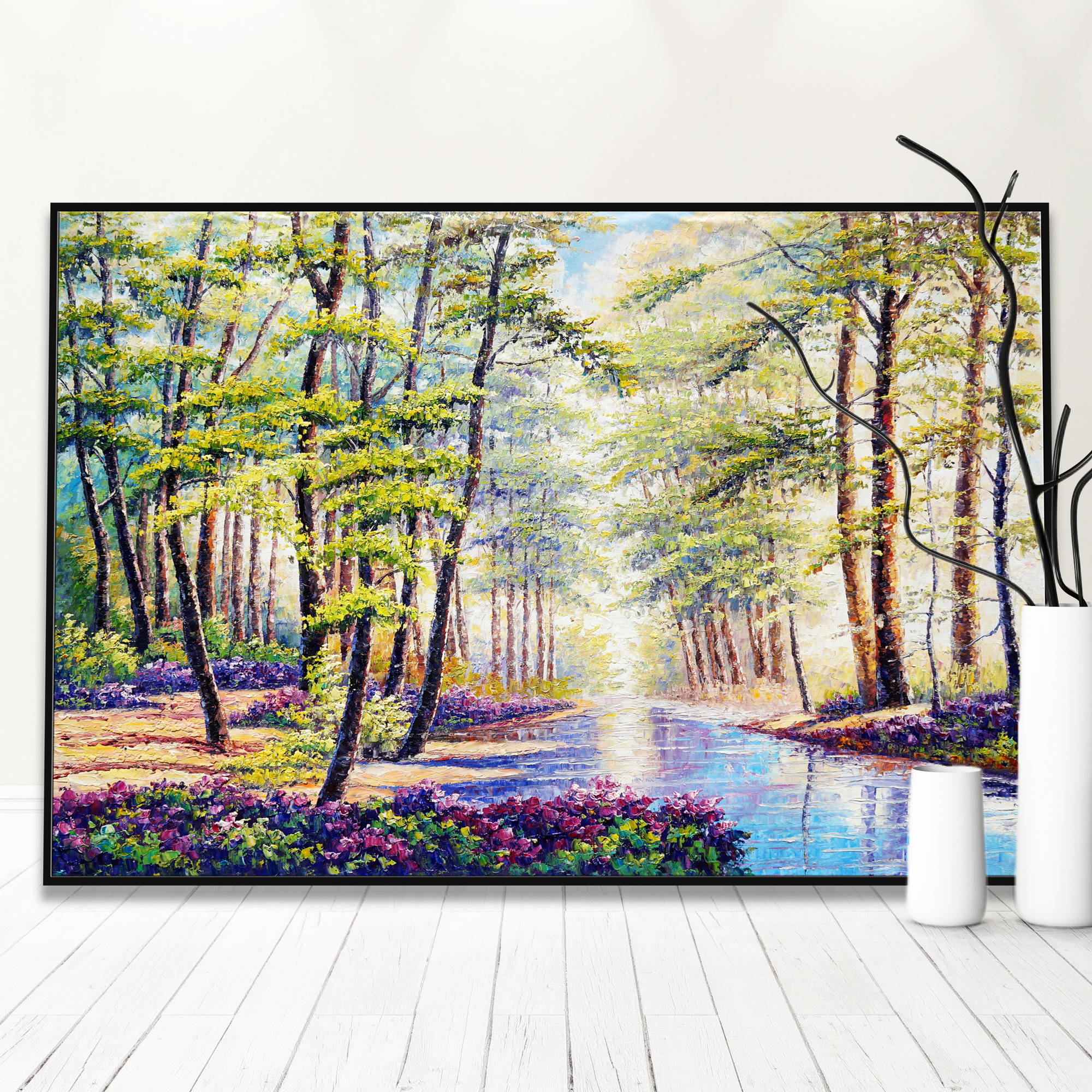 Forêt enchantée peinte à la main avec ruisseau 80x120cm