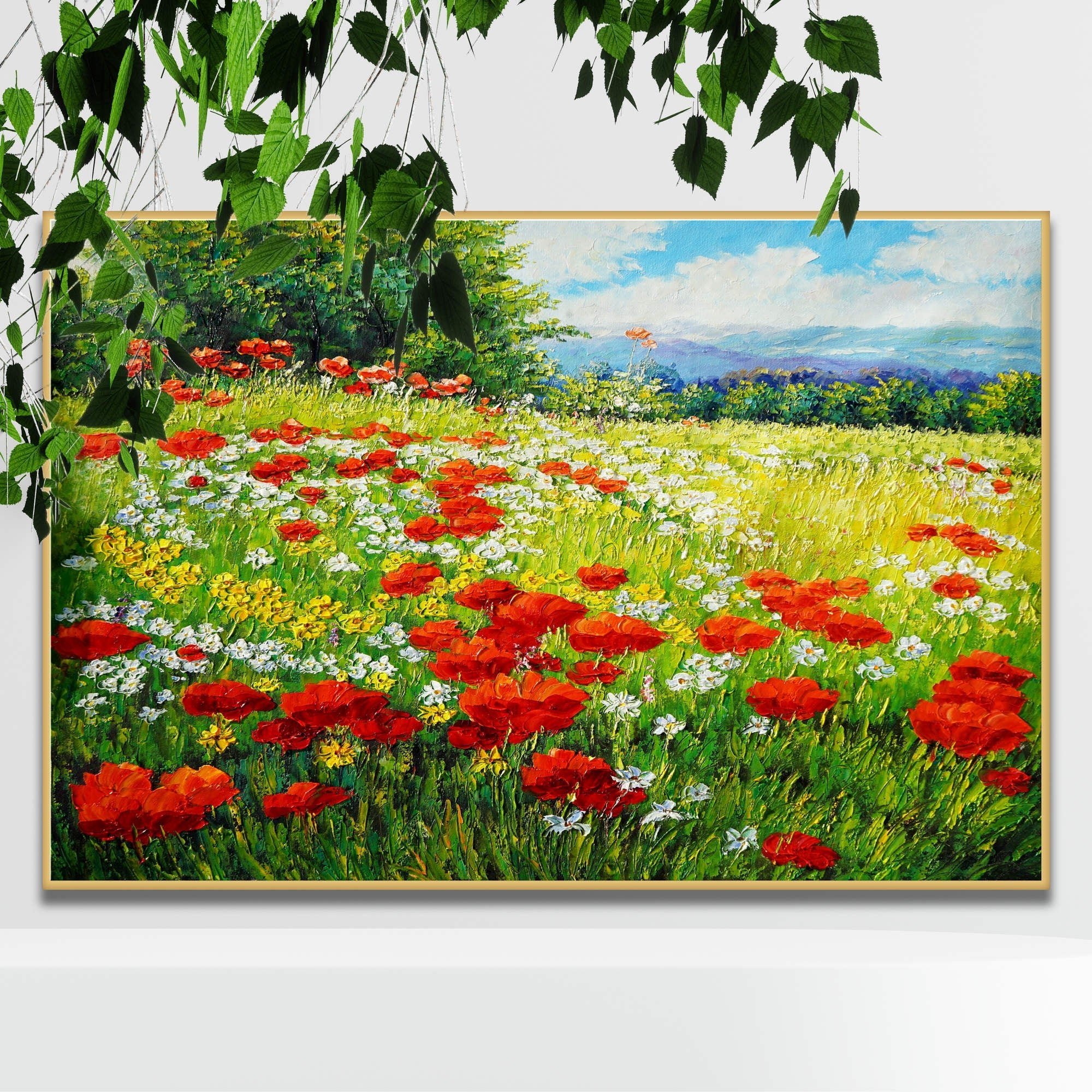Dipinto di un campo fiorito colorato con cielo leggermente nuvoloso.