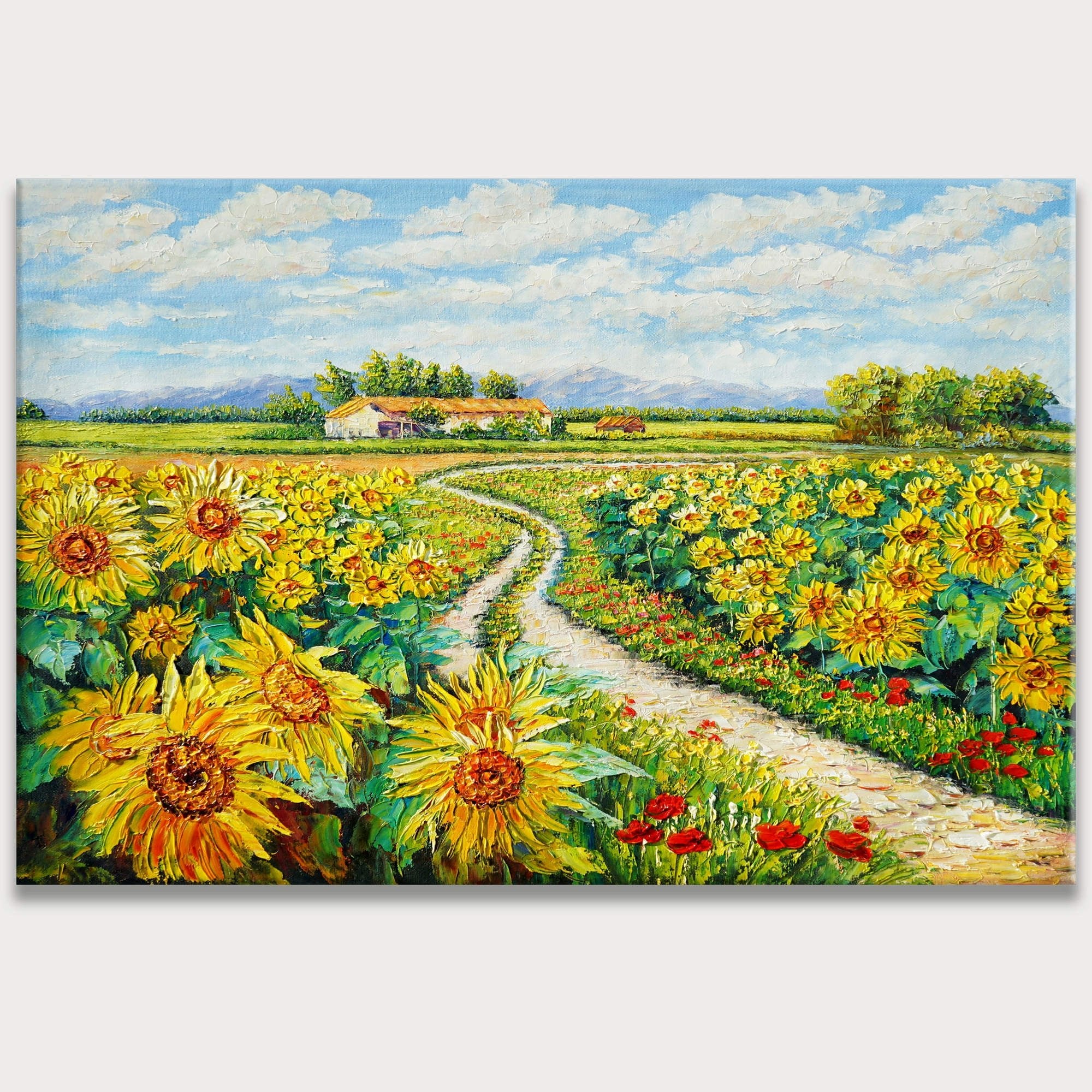 Dipinto di un campo di girasoli con percorso centrale e casale sullo sfondo