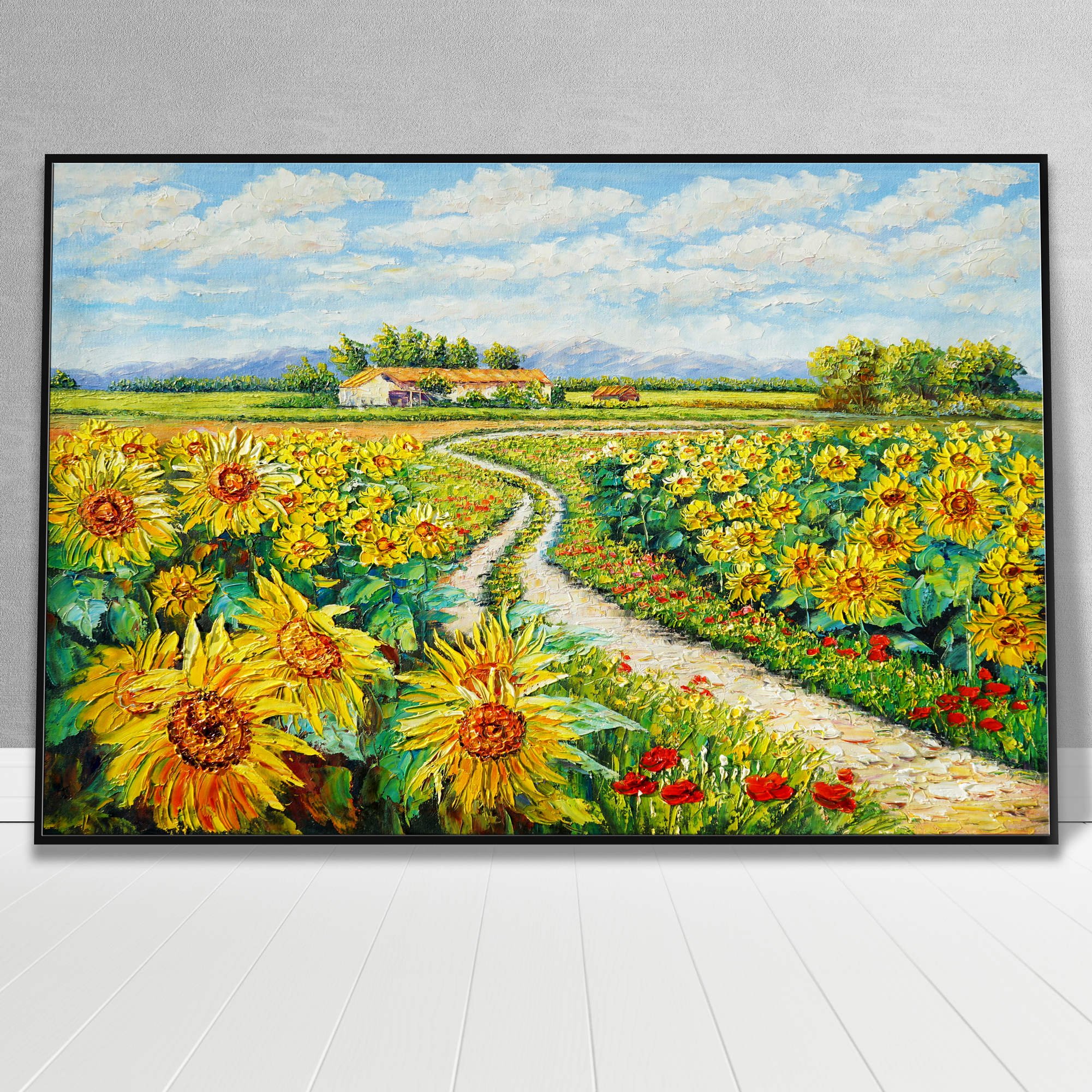 Dipinto di un campo di girasoli con percorso centrale e casale sullo sfondo