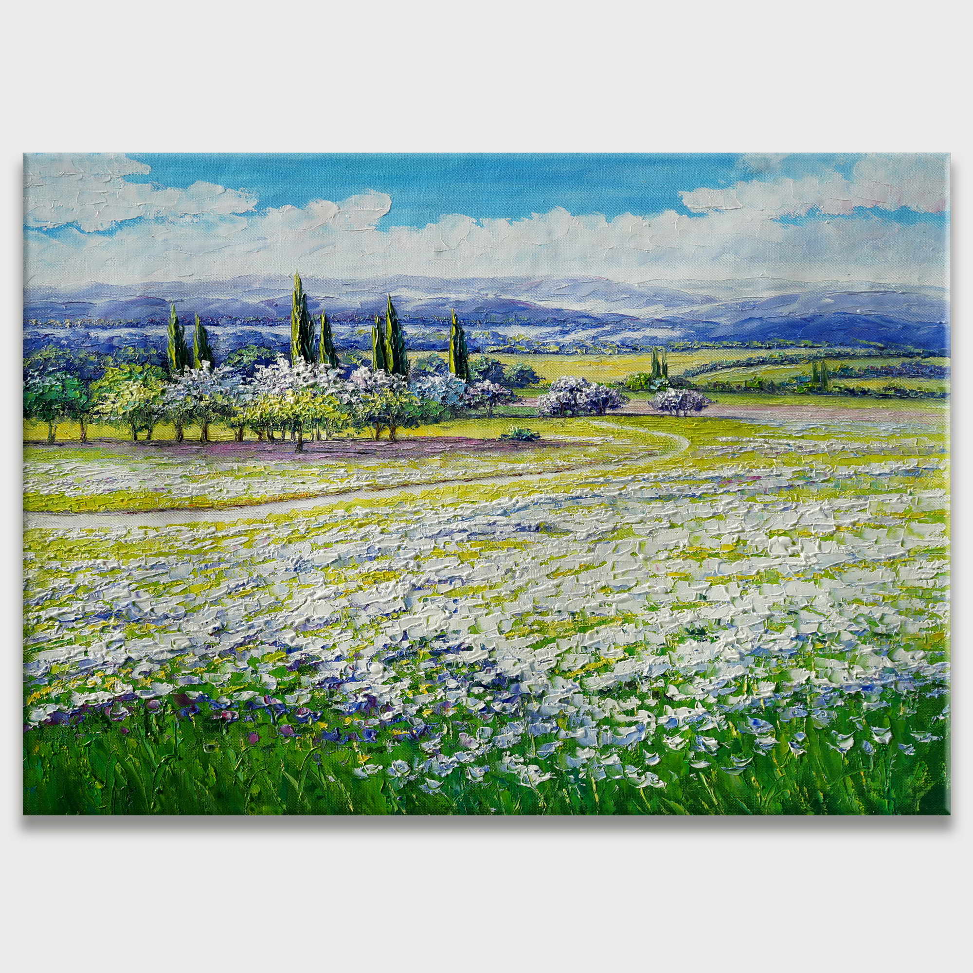 Quadro di un paesaggio campestre con campo di fiori e cipressi