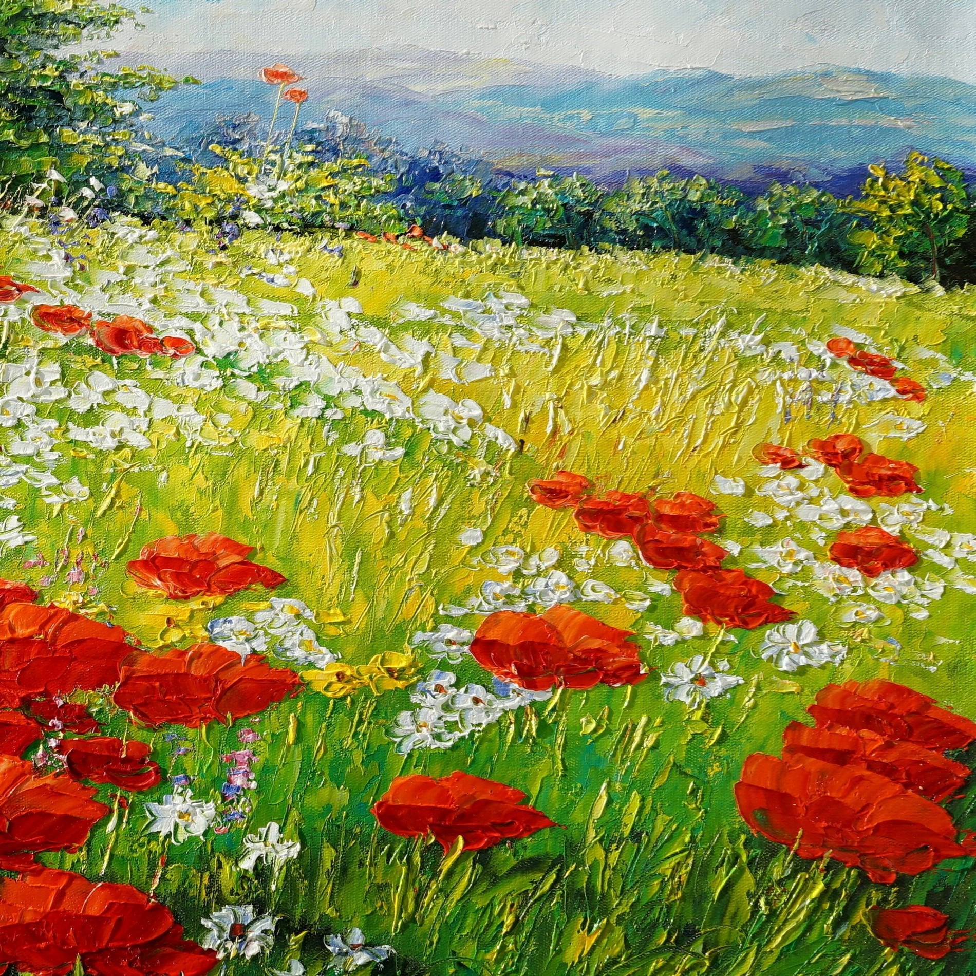 Dipinto di un campo di fiori con papaveri e margherite