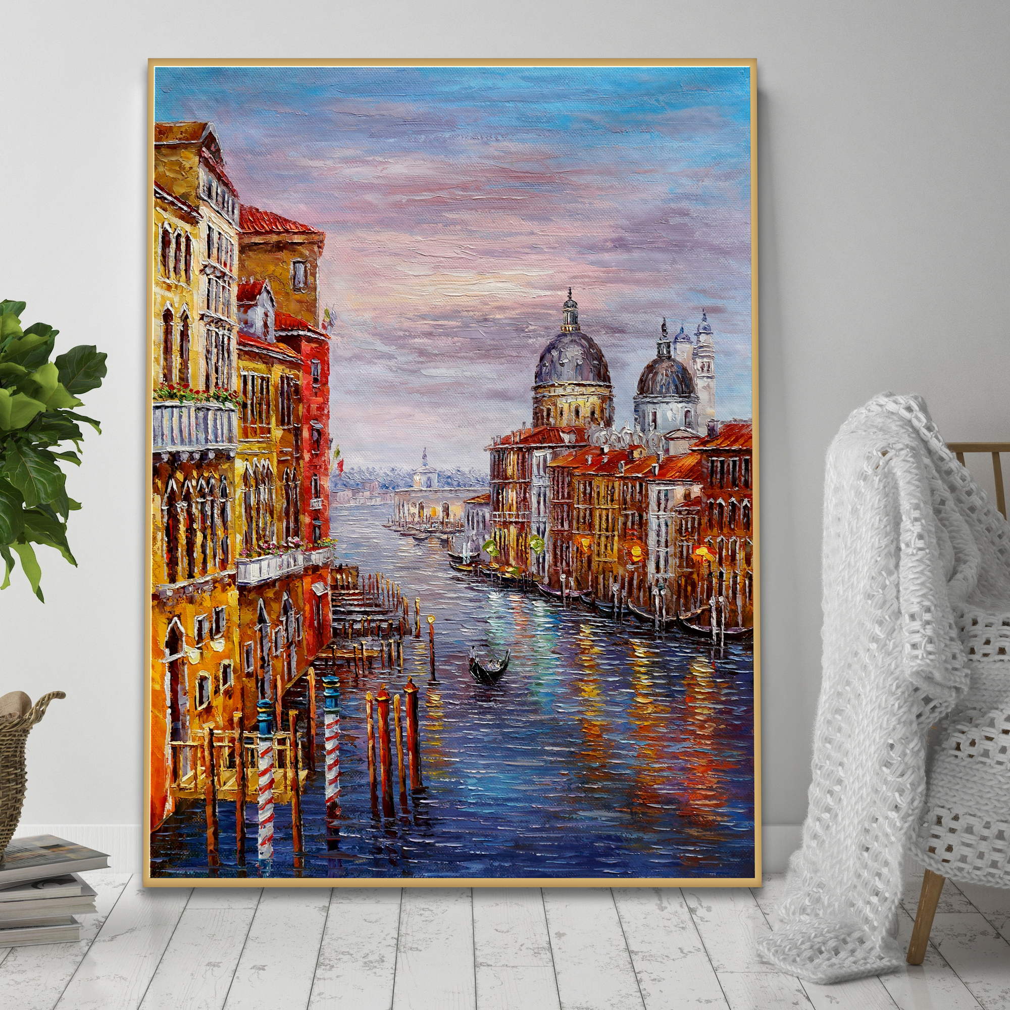Dipinto del canal Grande a Venezia con Basilica di Santa Maria al tramonto