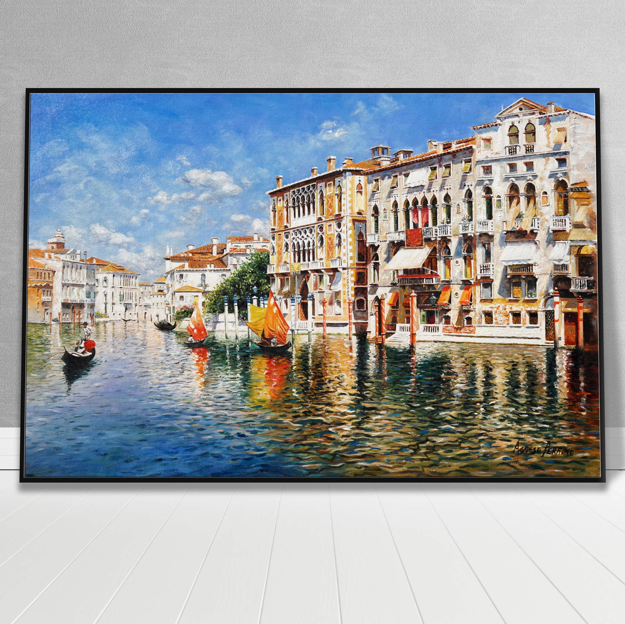 Dipinto a mano Canale di Venezia Gondole 60x90cm