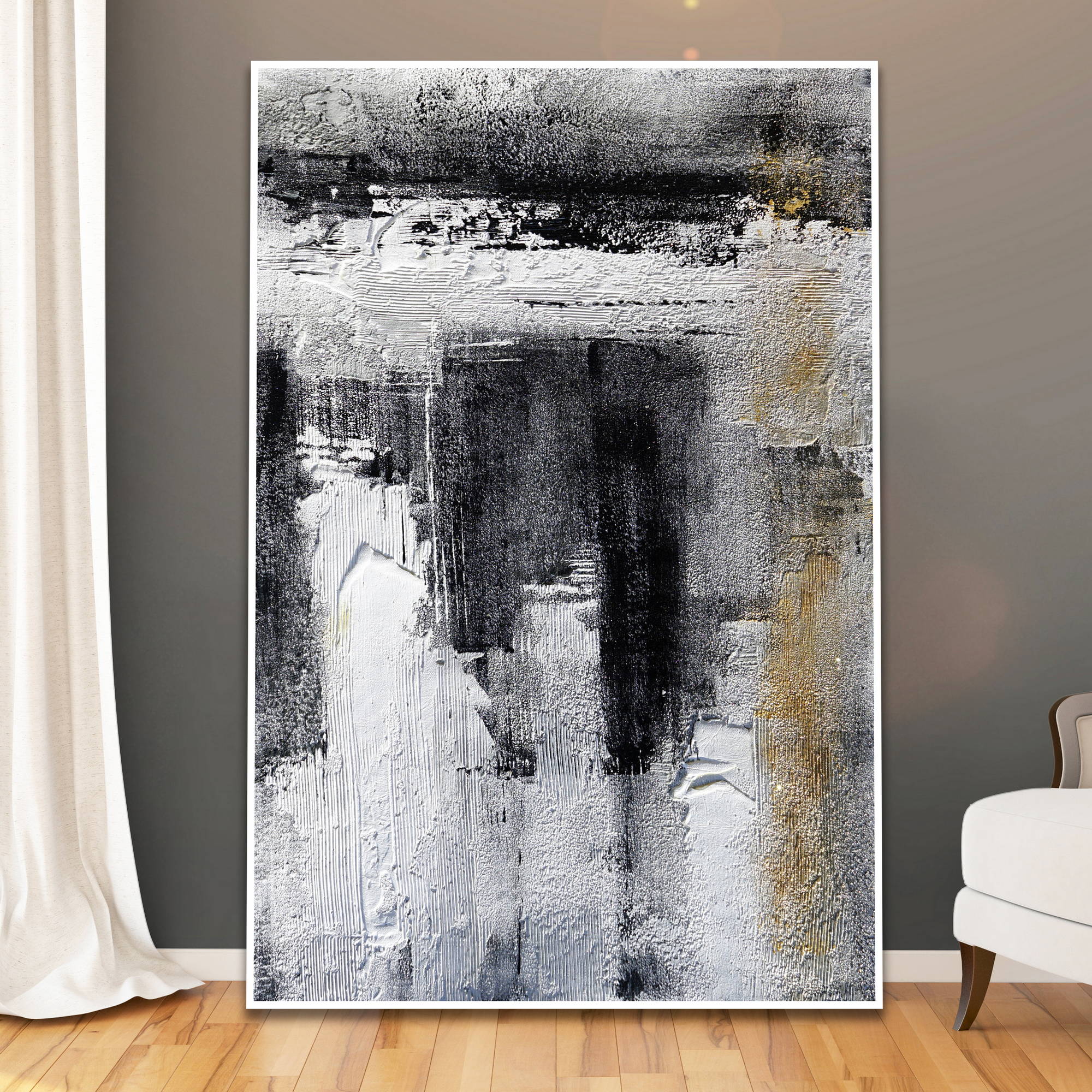 Quadro astratto con texture ricca e colori in bianco, nero e grigi