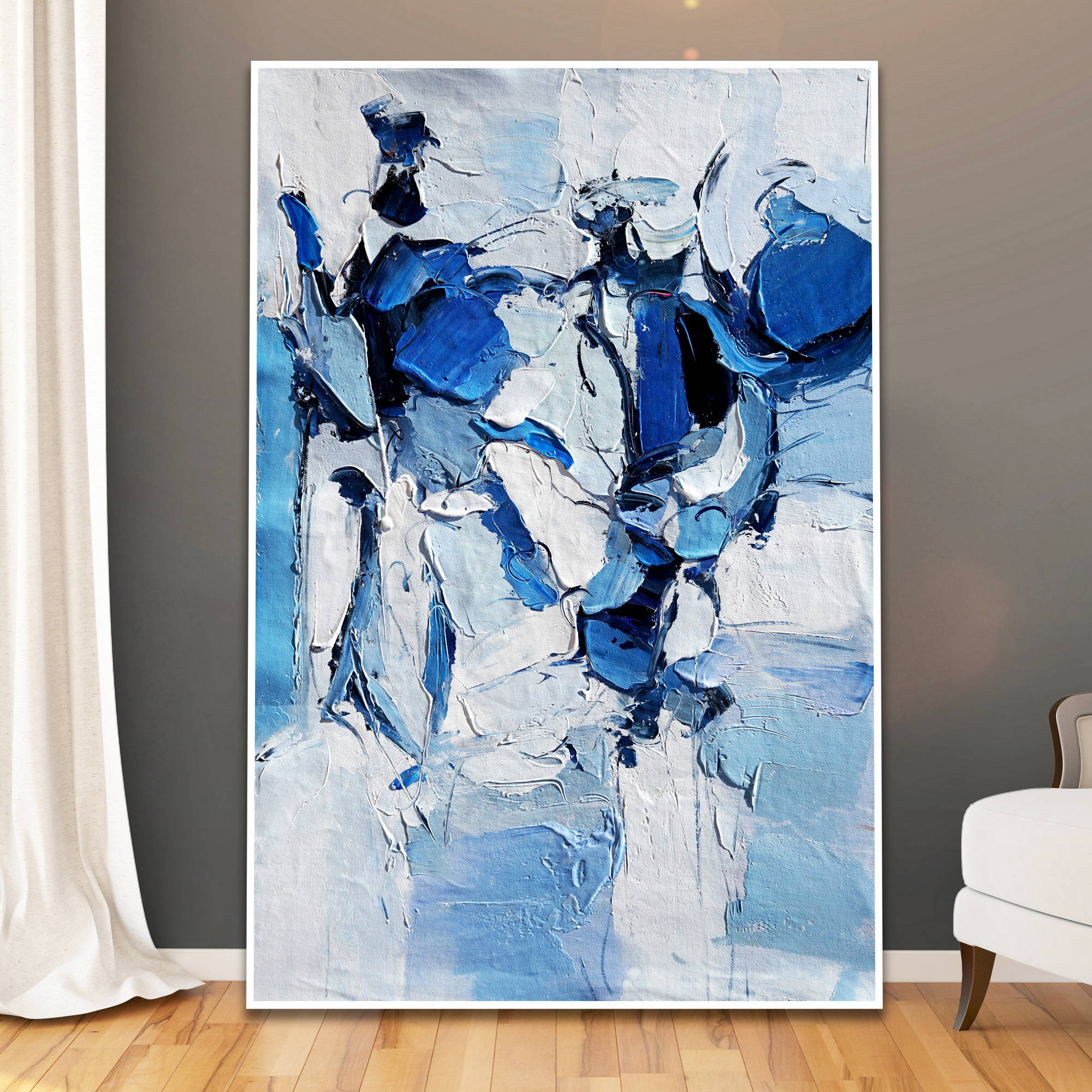 Dipinto astratto materico con spatolate di colore blu e bianco