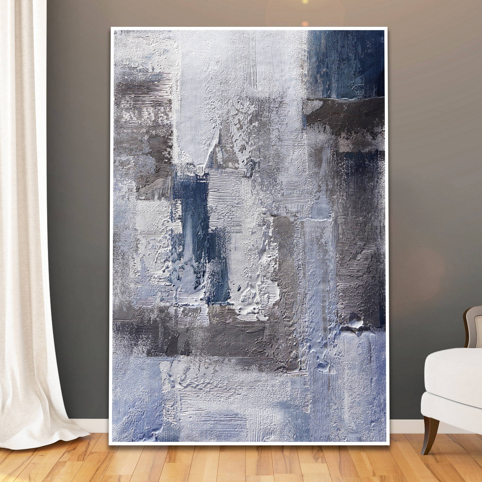 Dipinto astratto con texture pronunciate in blu e grigio