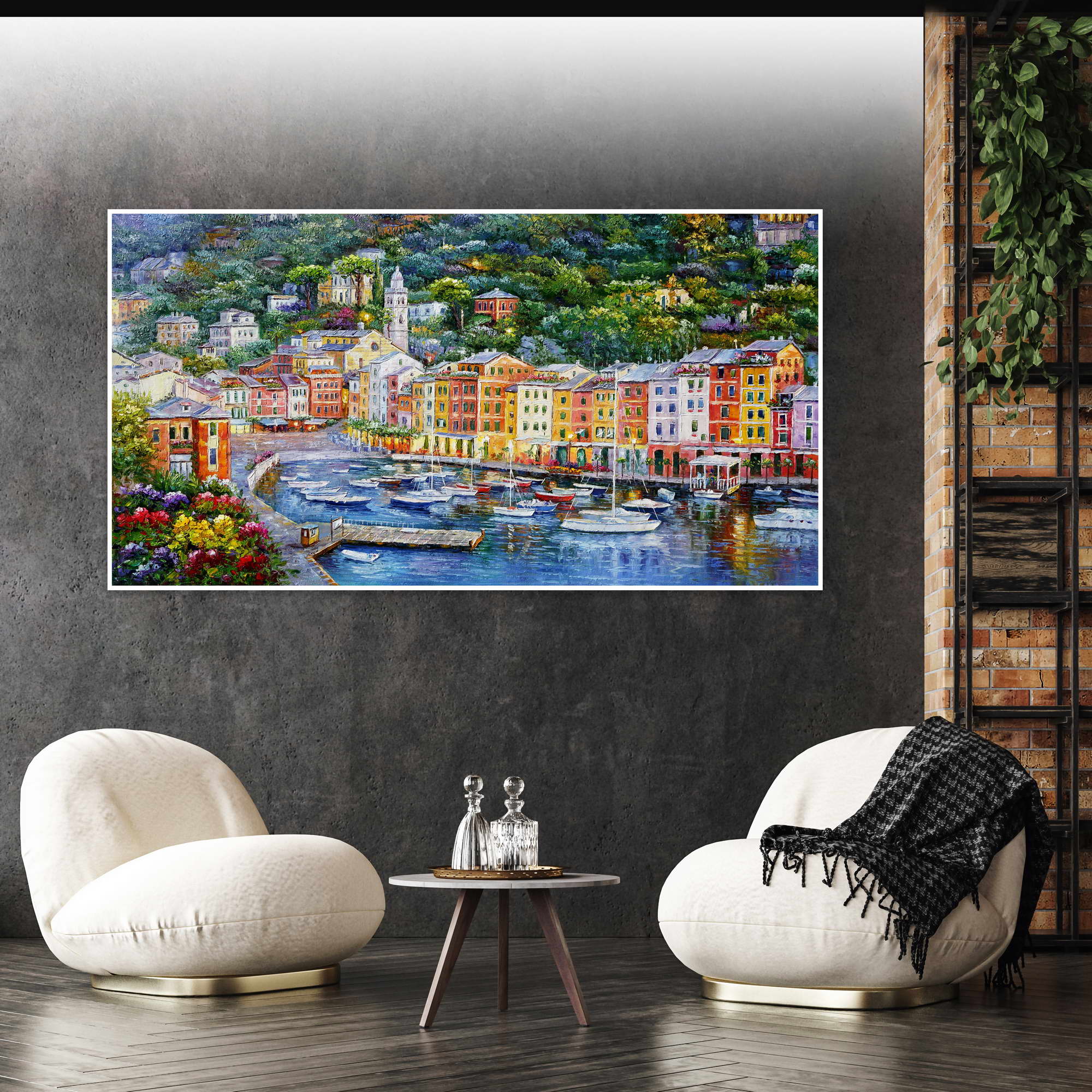 Dipinto a mano Costa italiana Portofino 75x150cm