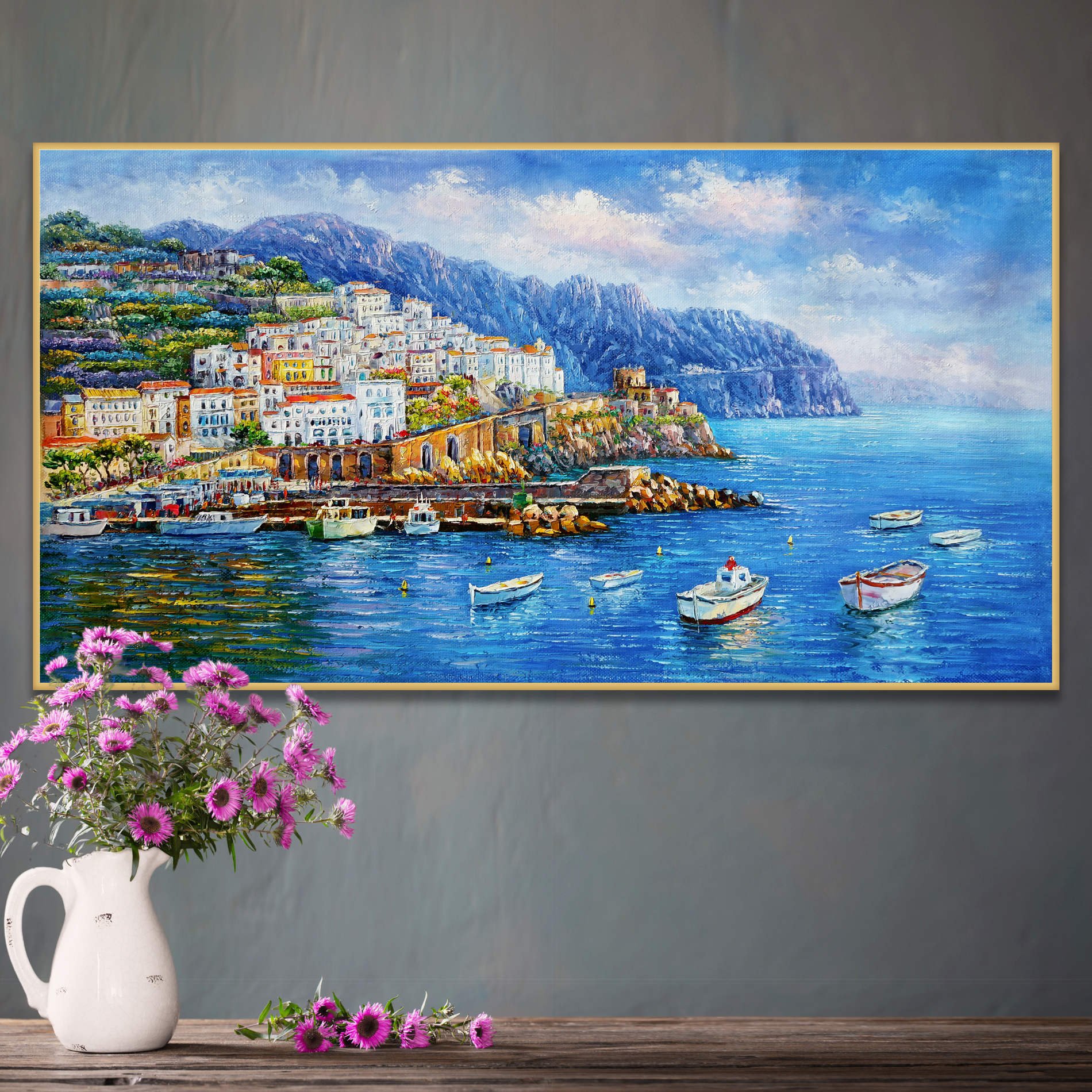 Dipinto del pittoresco borgo di Amalfi con le sue case arroccate