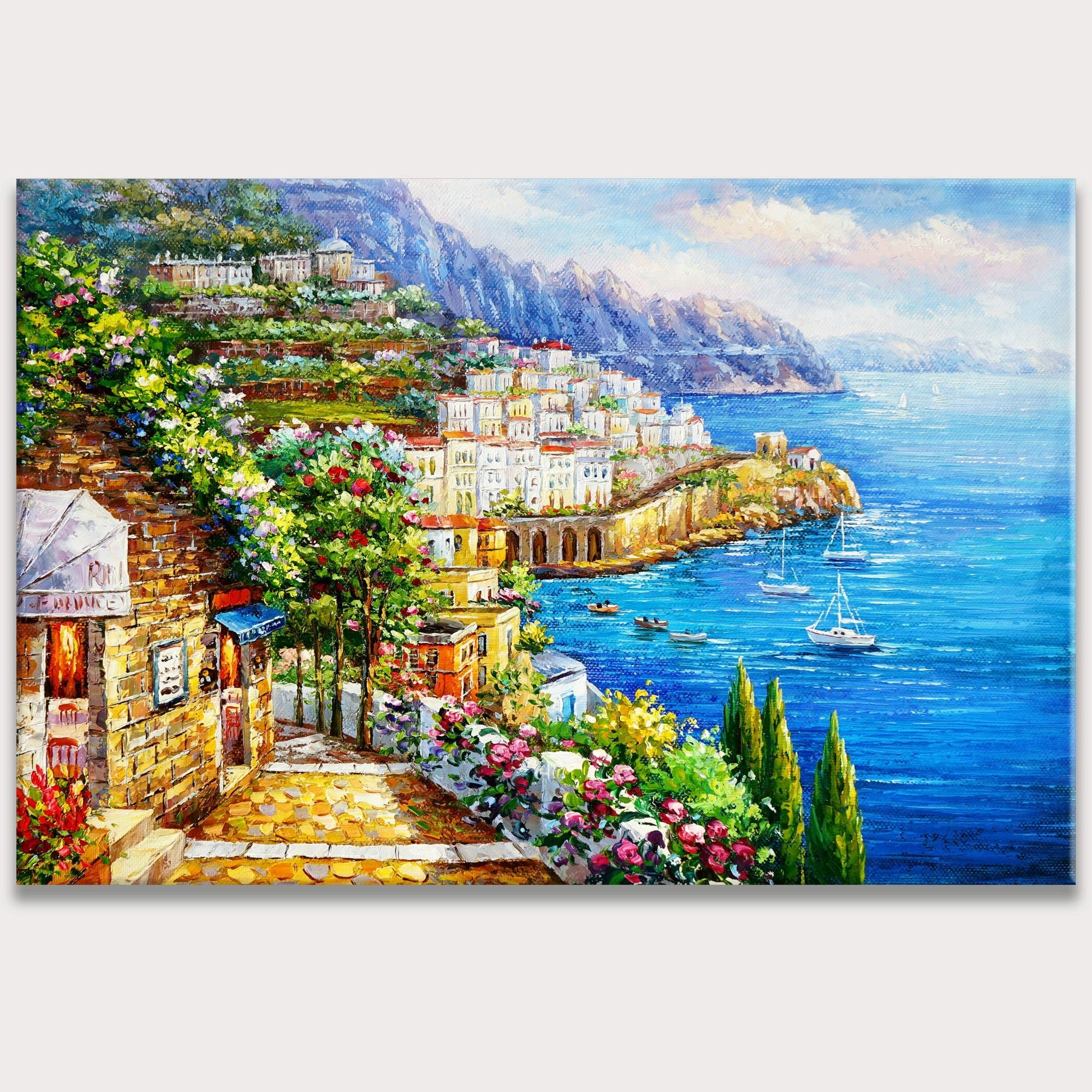 Hand painted Amalfi Coast Seaside village 60x90cm